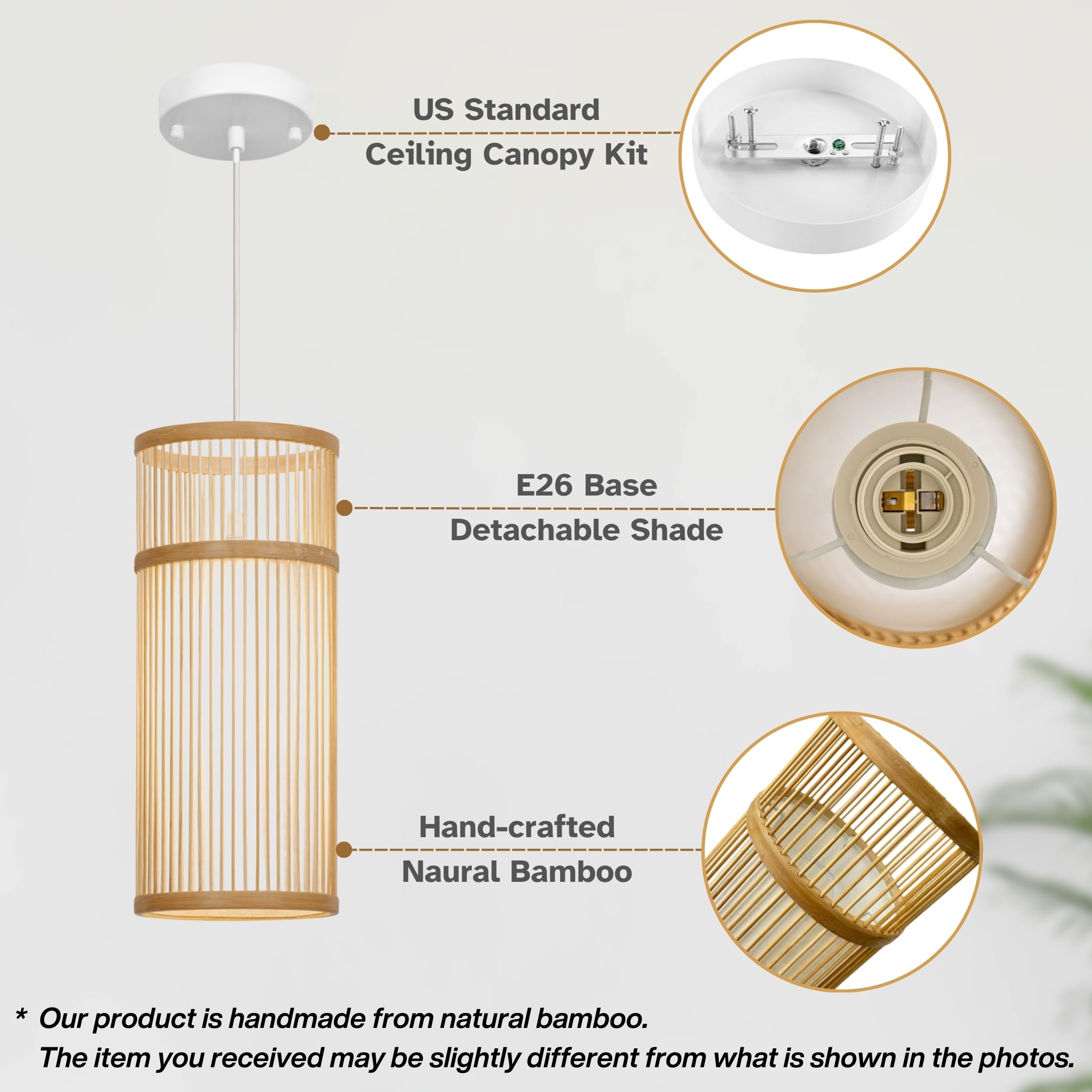 Lumivill Bamboo Pendant Light - Mini Pendant Lights Bedroom - Natural Elegant Woven Pendant Light; Wood Pendant Light For Home D