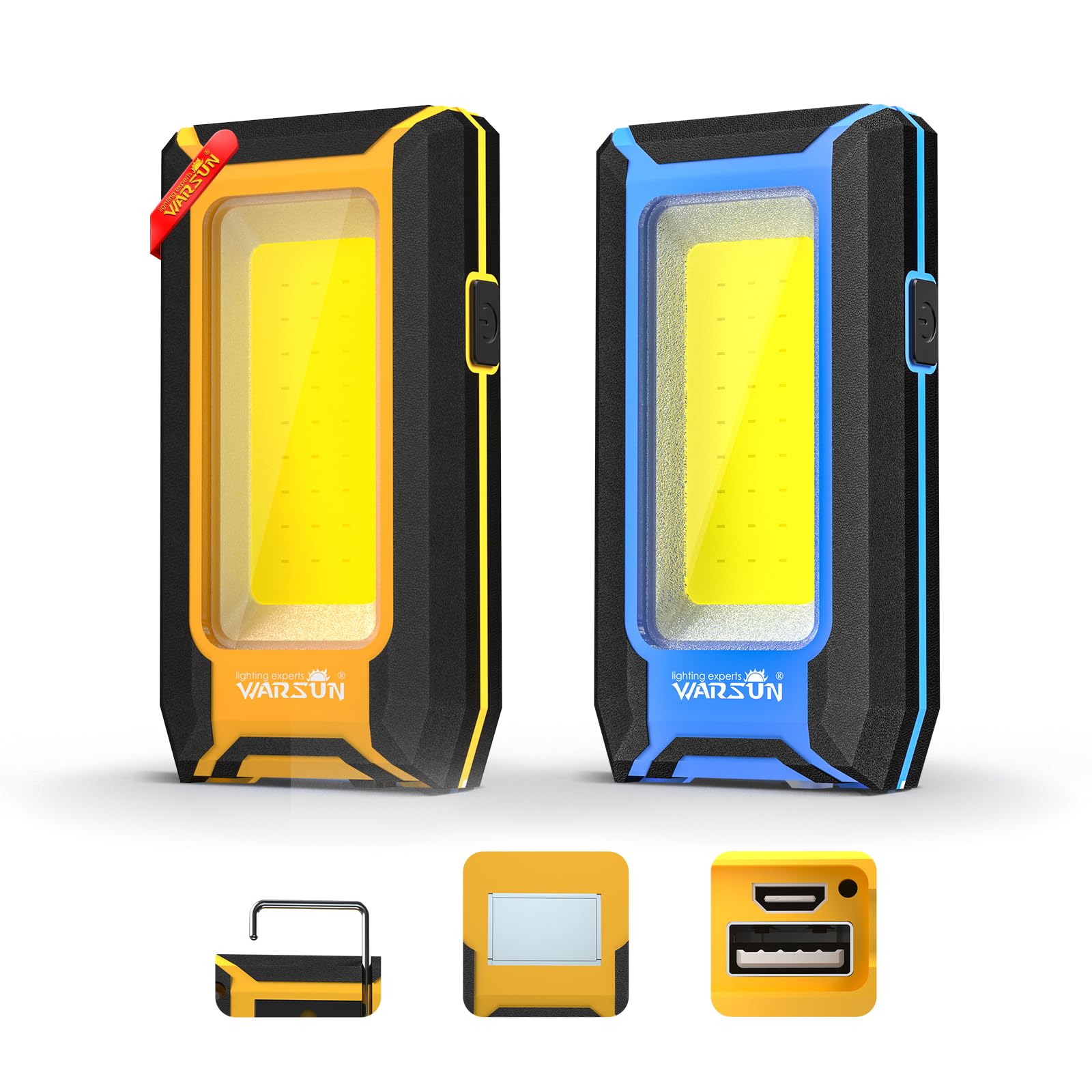 WARSUN 2PC LED Work Light Rechargeable, 1500 Lumens, Magnetic, 3 Lighting Modes, Model Y39, Multicolored
