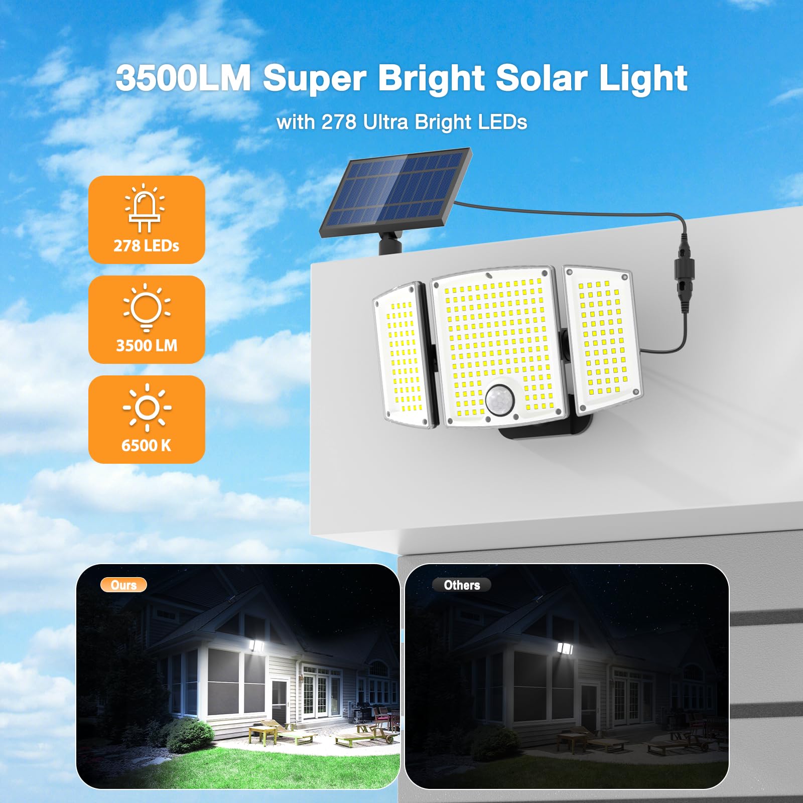 Onforu Solar Lights Outdoor, 3500LM, 278 LEDs, Motion Sensor, IP65 Waterproof, Remote Control, 2 Pack, Black, Model BDTYF06-3