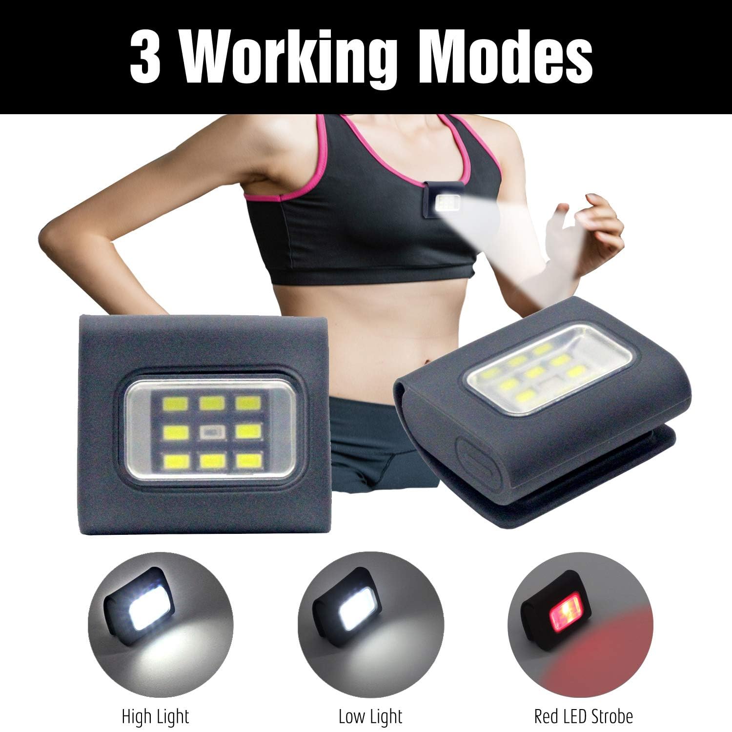 HOKOILN Running Lights 4 Pack, Rechargeable LED Clip-on Flashlights for Night Safety, Black, Model YH-4884