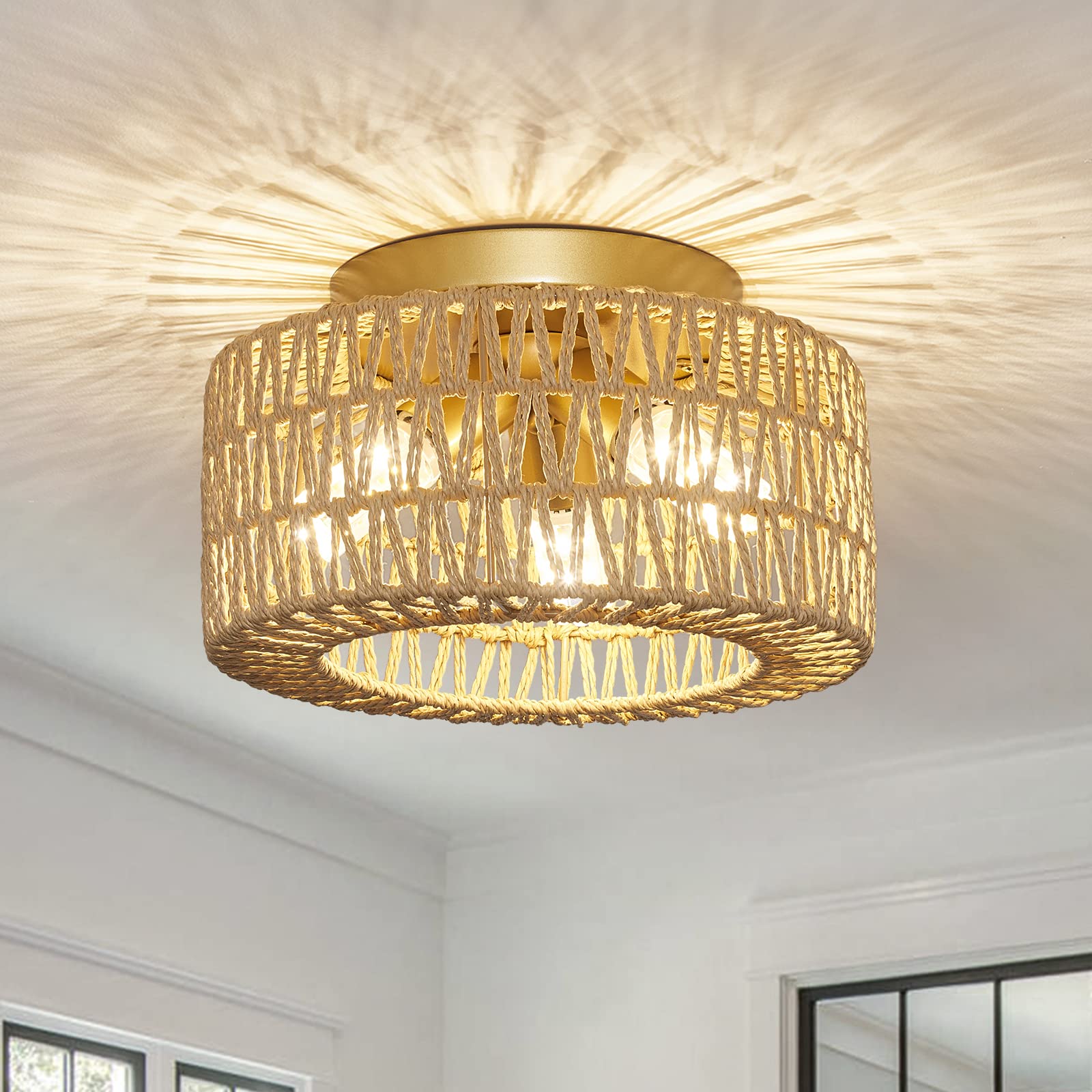 Rattan Light Fixtures Ceiling Mount, 3-Lights Boho Flush Mount Ceiling Light, Hand-Woven Cage Shade Lamp Lighting, Rustic Rattan Chandelier For Hallway Bedroom Kitchen Farmhouse Foyer Entryway (Gold)