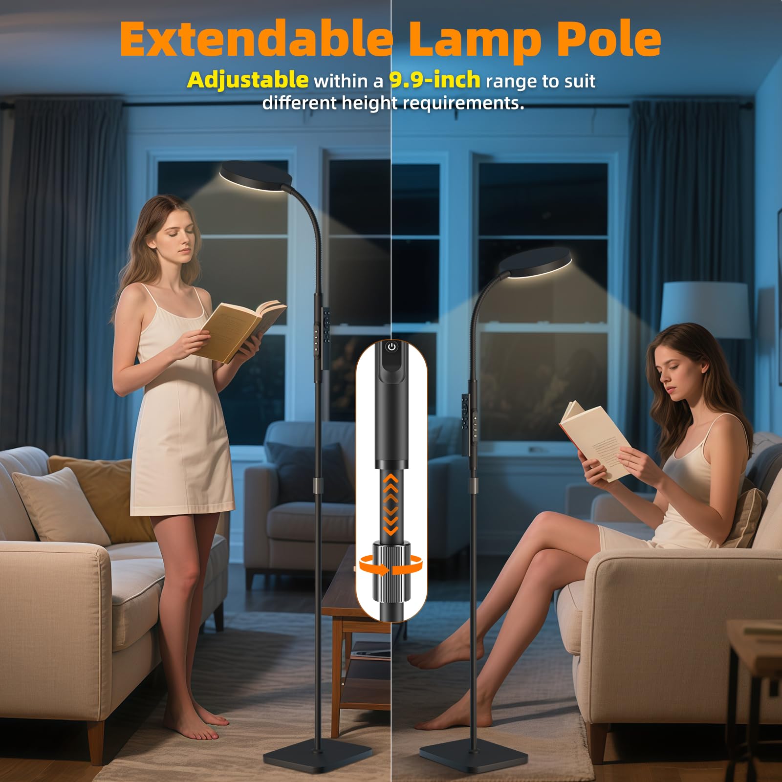 PACOVY Adjustable Height Floor Lamp - 120 LED Super Bright, Dimmable Gooseneck, Remote & Touch Control, Black, Perfect for Living Room & Office