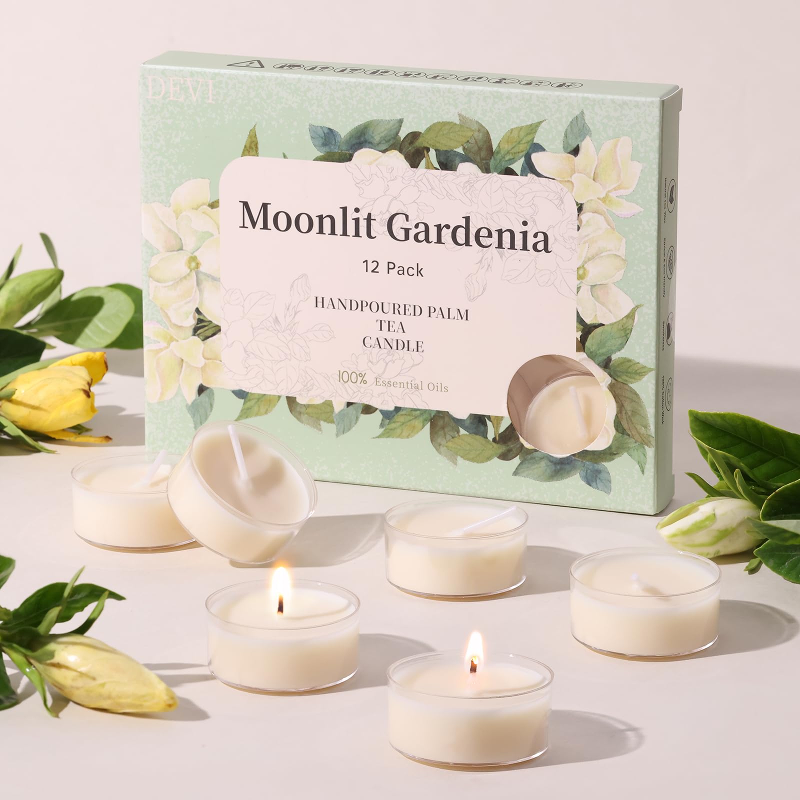 DEVI Moonlit Gardenia Scented Tea Lights Candles 12 Pack, 3.5-4 Hours Natural Palm Tea Candles Bulk for Home Scented, Highly Sce