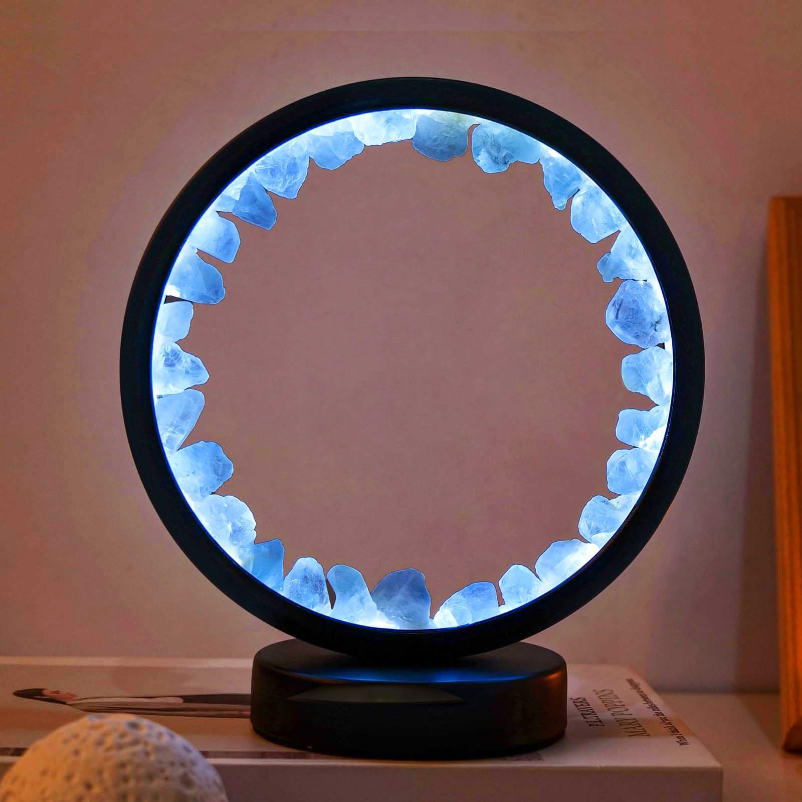 Runyangshi Celestite Night Light 8.6  Natural Healing Crystal Bedside USB Port 3 Colours Dimming Mode Bedroom Lamp Suitable Nigh