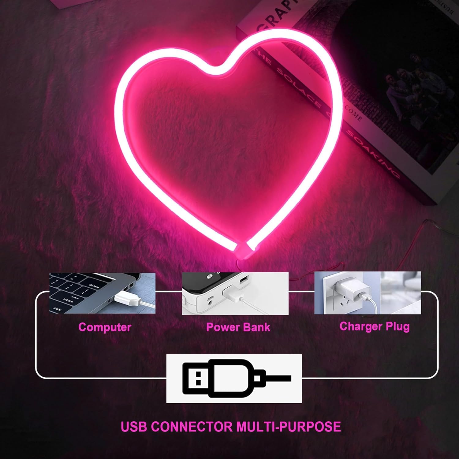 Pink Heart Neon Light  Led Light Signs Powered By Battery Or Usb  Light Decoration For Christmas Birthday Party Living Room Bedroom Table Children Gifts
