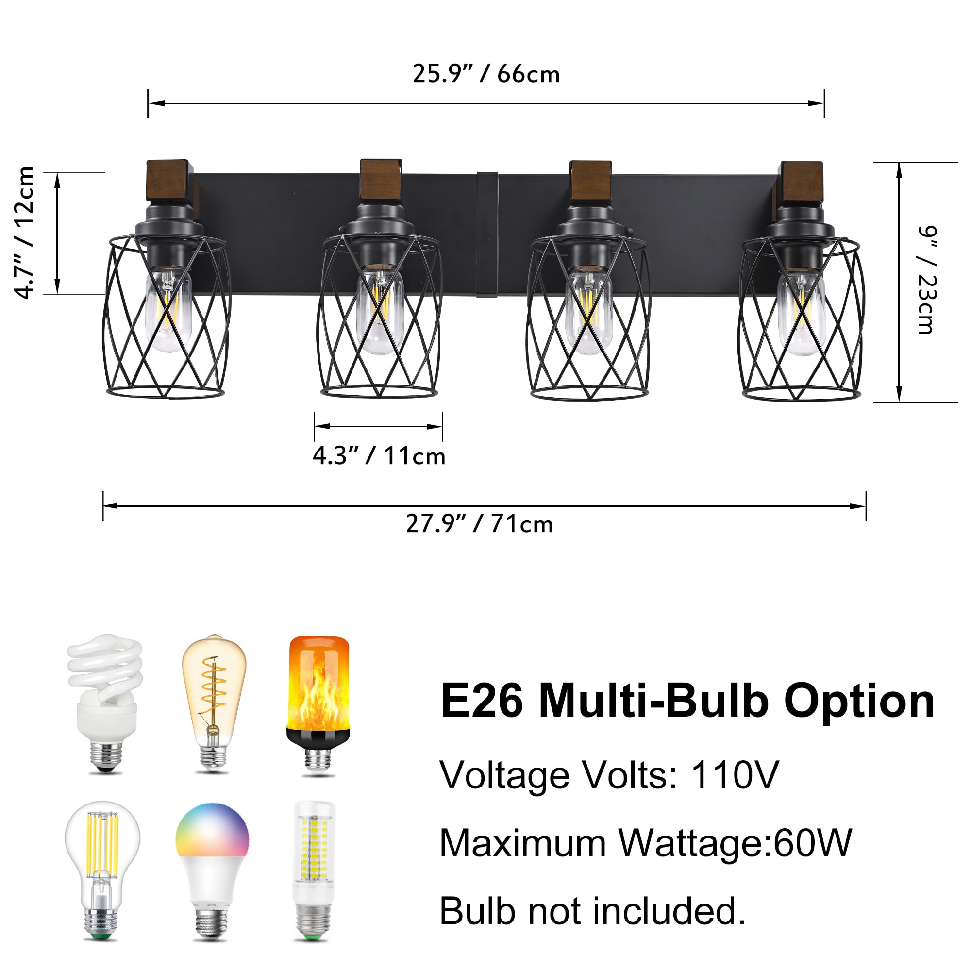 XvmBvm 4-Light Farmhouse Bathroom Vanity Light, Black Metal Fixtures for Rustic Decor, Model X3015-4