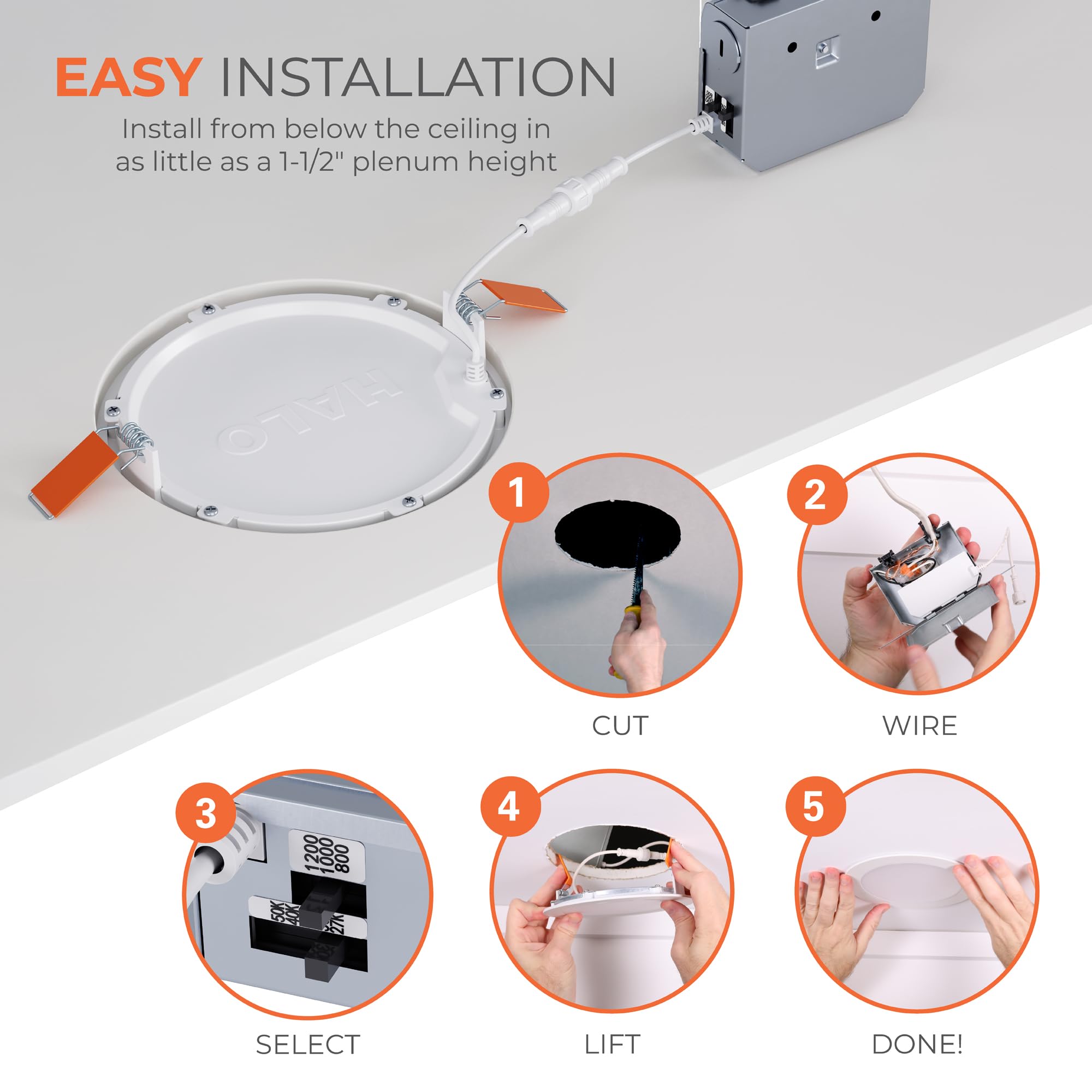 HALO LED Recessed Lighting 6 Inch Canless Dimmable Wet Location 6 Pack, Selectable Lumens & Colors, Aluminum, White, Model HLB6LSFS5-6