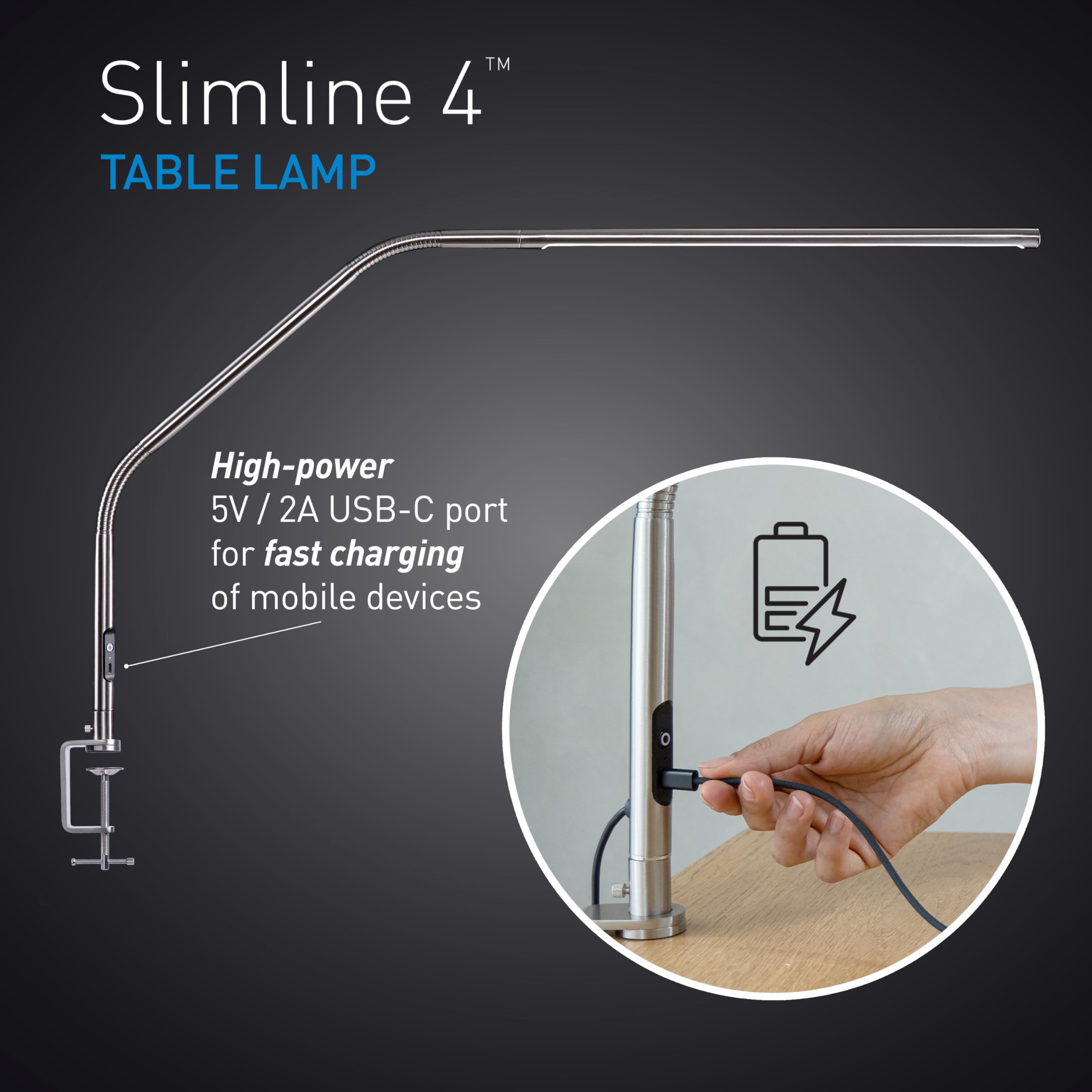 Daylight Slimline 4Led Table Lamp In Brushed Steel - 6,000K, 3,200 Lux, 4 Brightness Levels, Usb-C Charging Port, Anti-Glare Dif