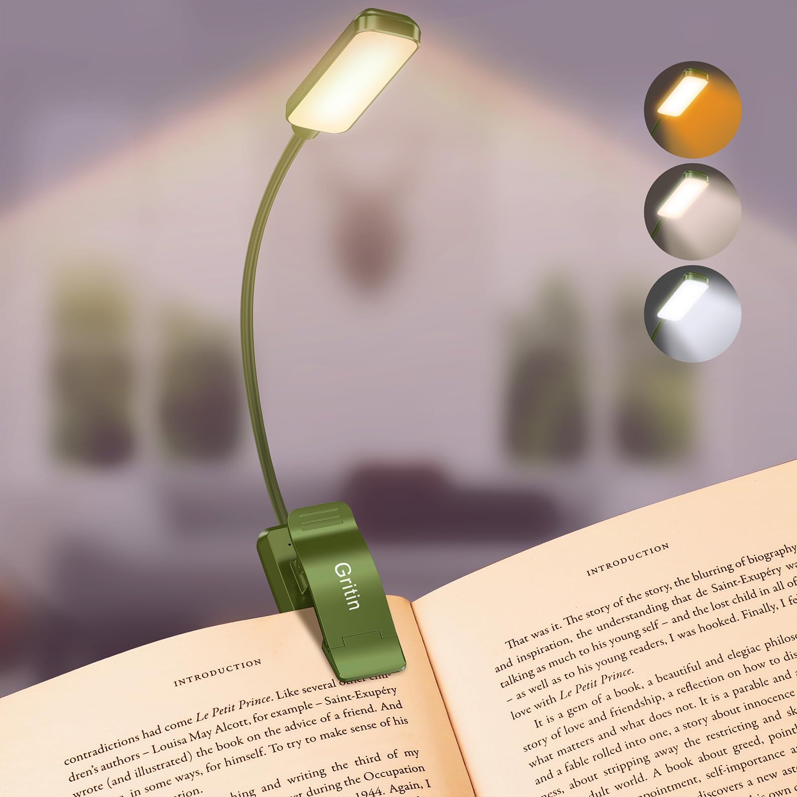 Gritin 9 Led Rechargeable Book Light For Reading In Bed - Eye Caring 3 Color Temperatures,Stepless Dimming Brightness,80 Hrs Run