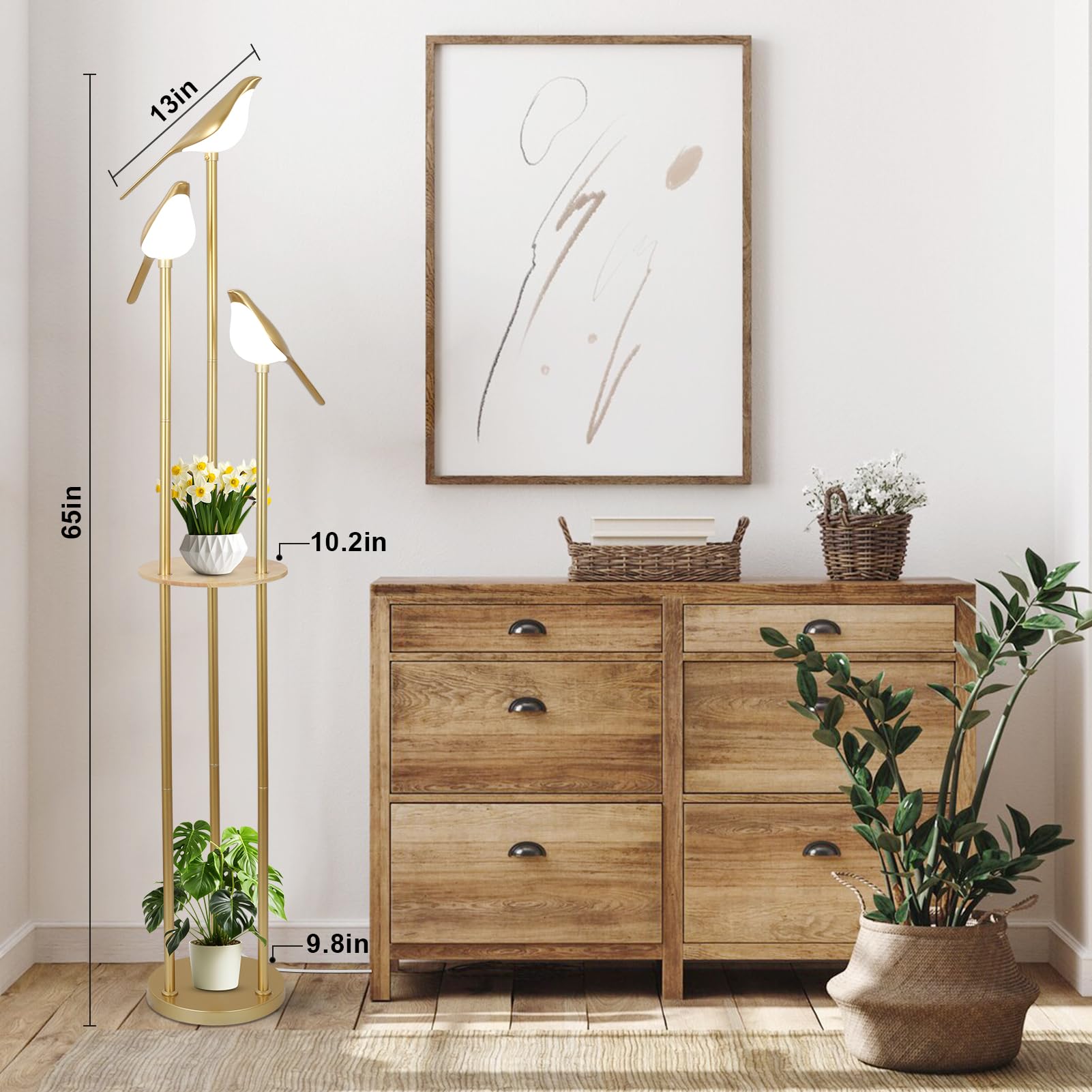 Artmooy Gold Floor Lamp - Modern Mid Century Design, 3 Adjustable LED Lights, Corner Tall Lamp with Shelves, Model 240502A1