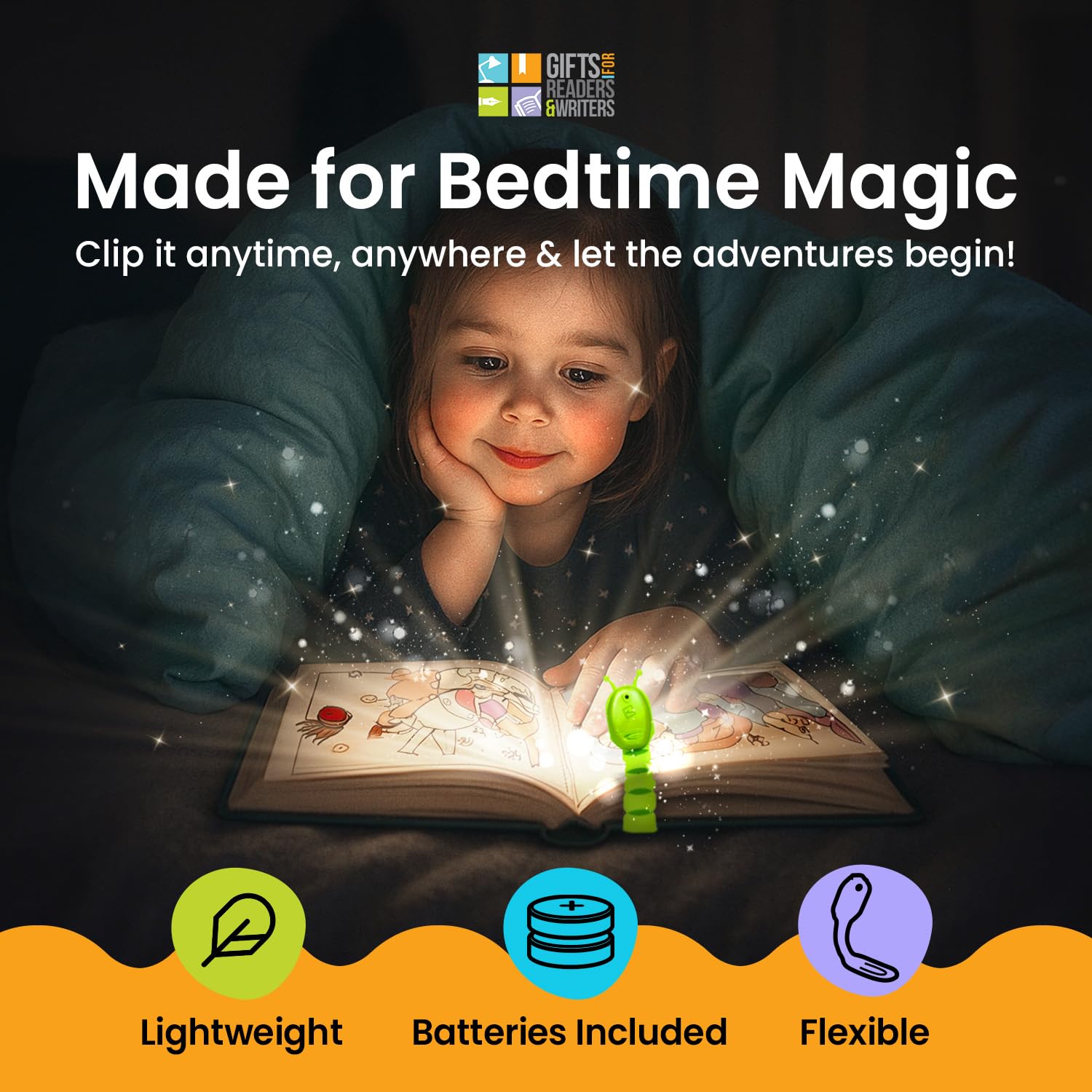 Gifts for Readers & Writers Flexilight Pal Bookmark Light - LED Clip-On, Battery Operated, Silicone Rubber, Bookworm Green, Model 1