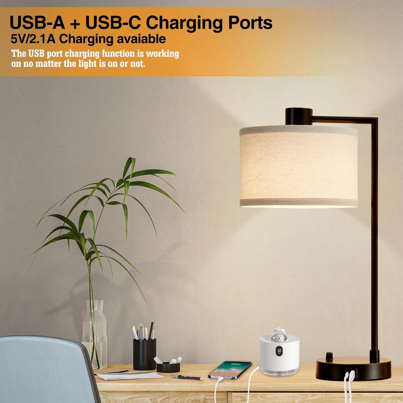 Luvkczc Table Lamp Set of 2 - Fully Dimmable Bedside Lamps with USB Ports, Black, Model 106A, Includes 2 LED Bulbs