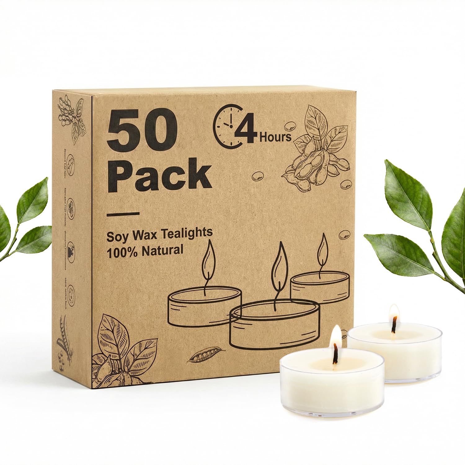 Unscented Soy Tea Lights Candles 25 Pack Bulk, 4 Hours Long Burning White Tea Lights,Non-Paraffin, Smokeless, Mini Tealight Voti