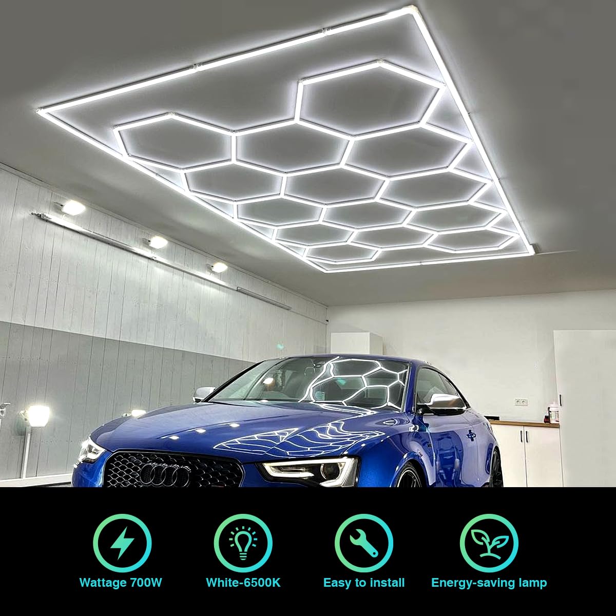 Hexagon Led Garage Light,700W 6500K 77000Lm 81Pack 4.8X2.4M 14 Grid Systems With Border Garage Honeycomb Light Ceiling Led For Gym Basement Warehouse Detailing Workshop Lighting (Hexagon-14-Frame)