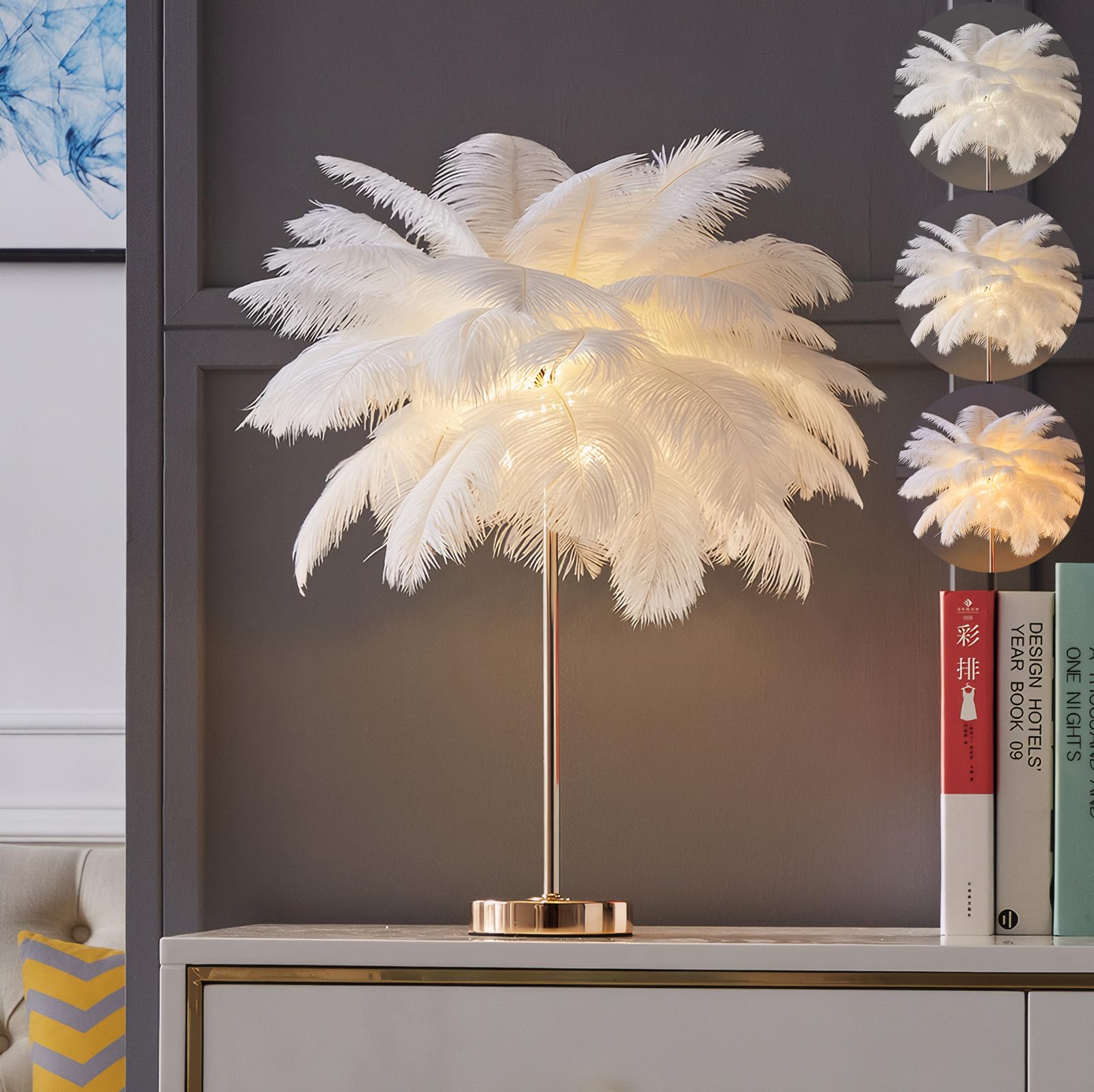 LINCWONZ White Ostrich Feather Lamp,3-Color Temperatures Table Lamps for Girls Bedroom Funky Unique Cute Bed Side Nightstand Gol