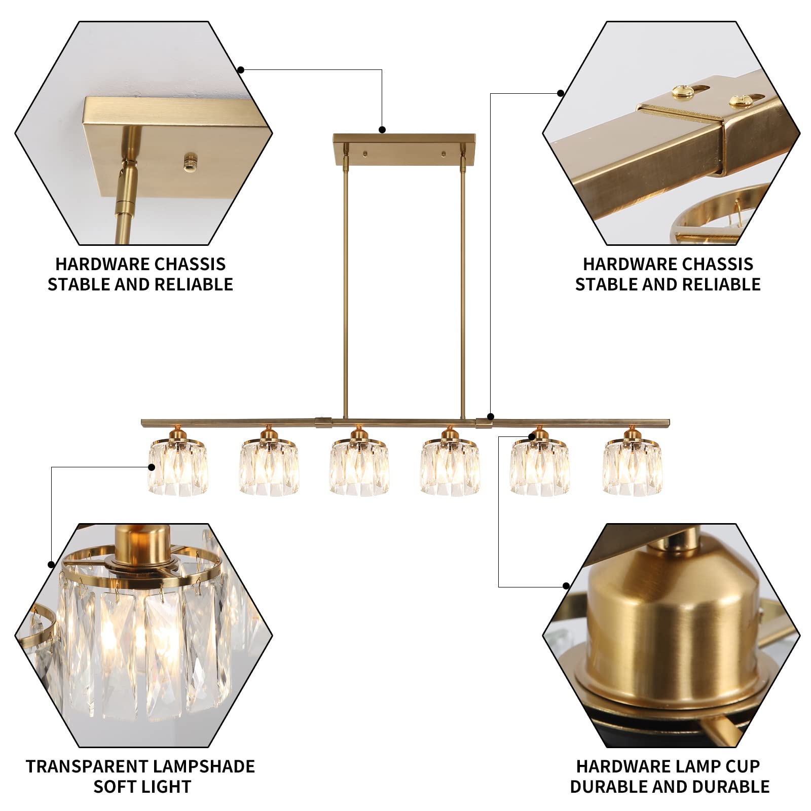 Ganeed 6-Light Adjustable Brass Chandelier with Crystal Shade, 48" Linear Dining Room Pendant Light Fixture, Gold Finish