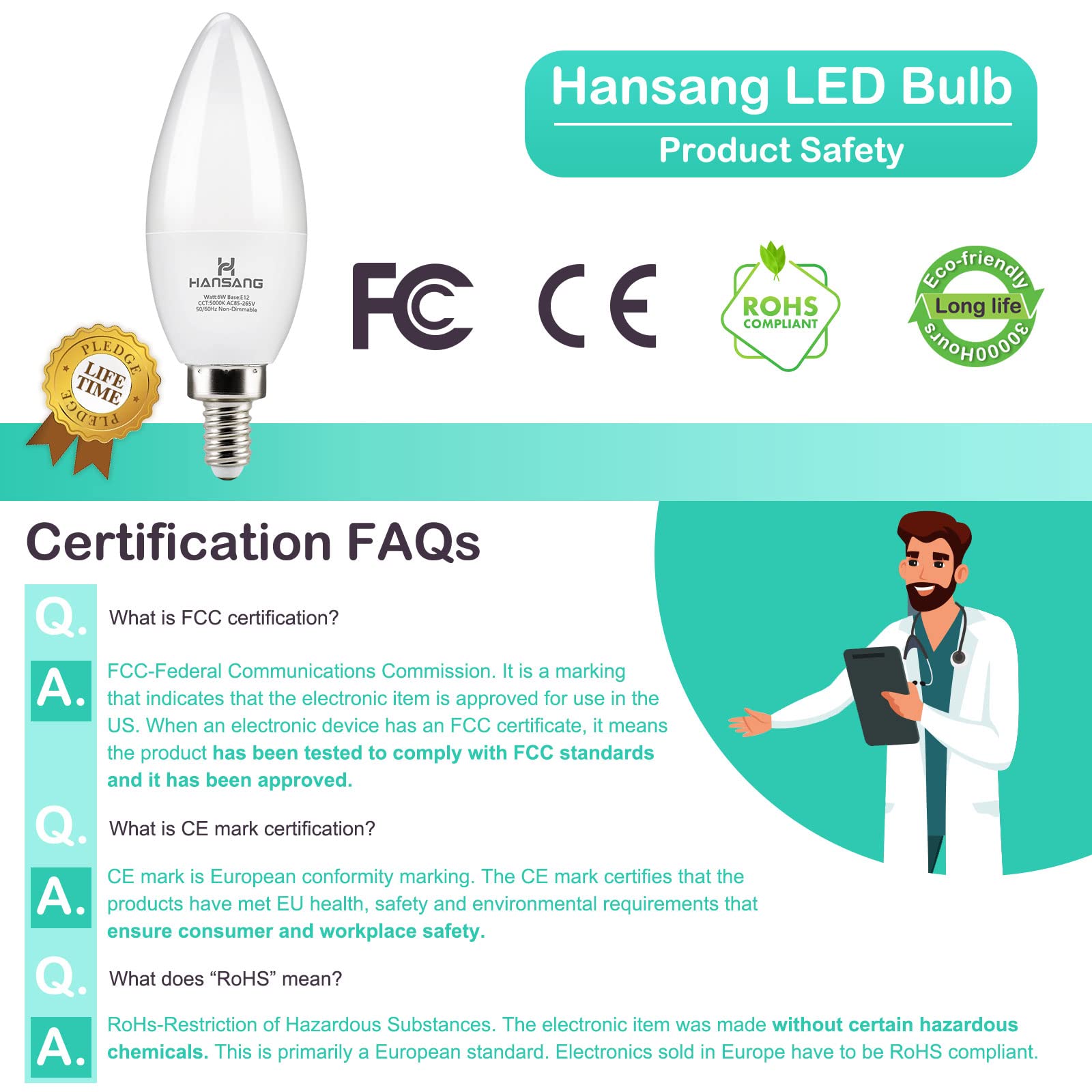 Hansang Led Candelabra Bulbs 6 Watt (60 Watt Equivalent),Daylight 5000K,600Lm Ra>83,Candle Bulb Base E12 For Chandelier B11 Ceil