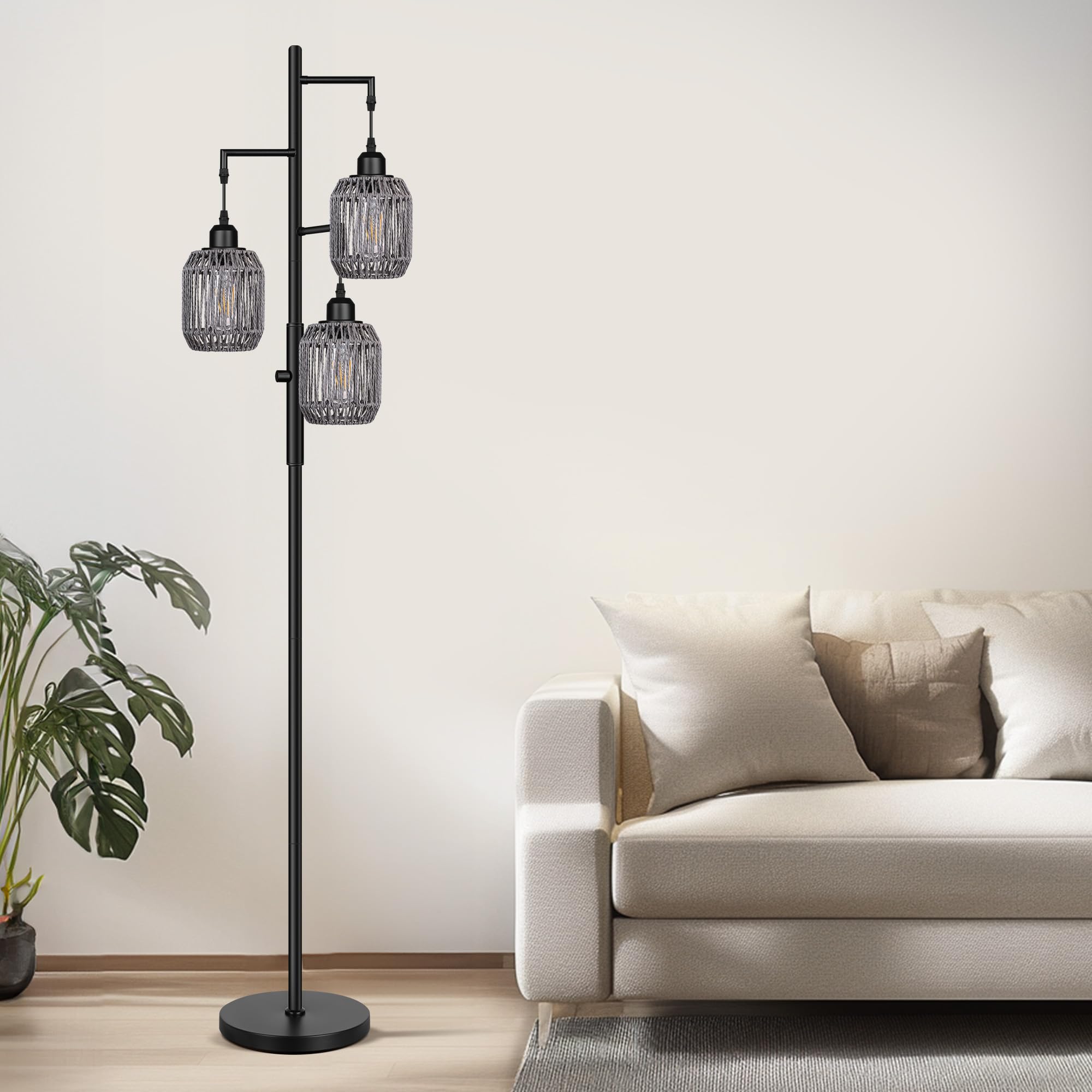 ROTTOGOON Dimmable Floor Lamp, 3 Light Rattan Design, 68in, Black + Gray, Model ROFP125AB1, Metal Construction