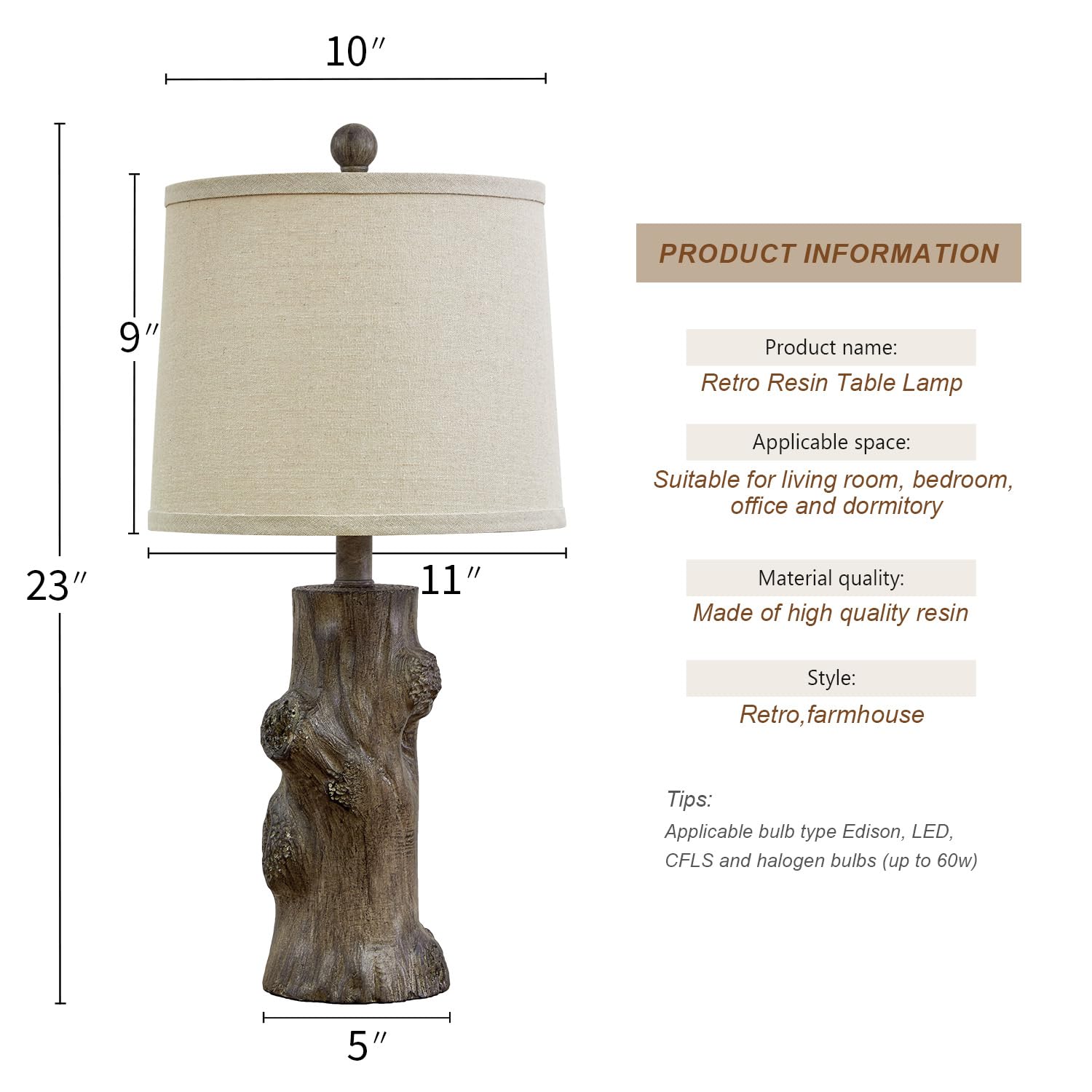 OYEARS 23" Resin Table Lamps Set of 2, Brown-4, Vintage Rustic Design for Living Room and Bedroom, Model AMZ-T1152GR