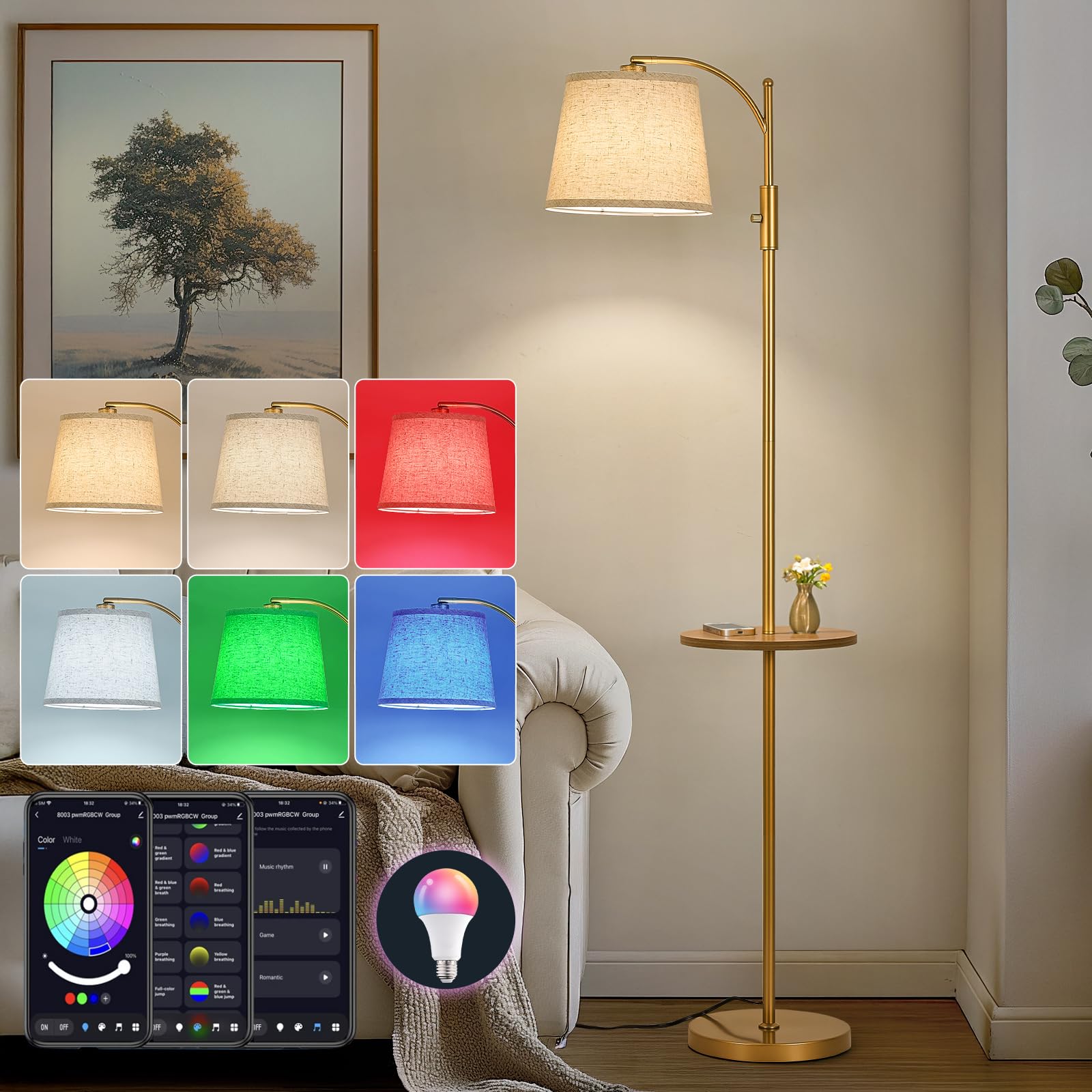 AIDENOEY Smart Floor Lamp with Side Table | Stepless Dimming, RGB Multi-Color | Adjustable Swivel Head | Voice Control with Alex