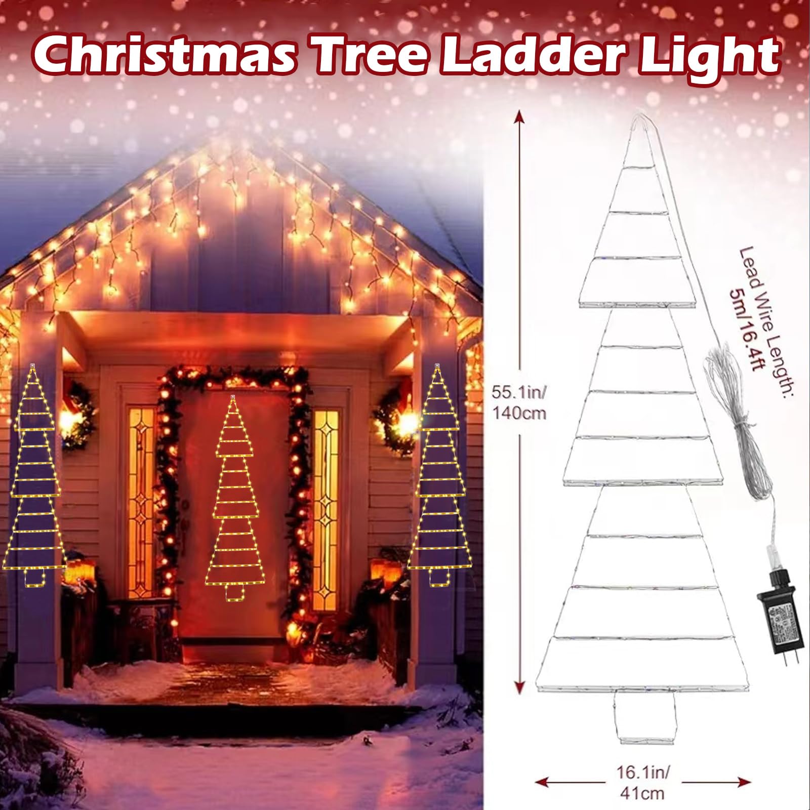 Muyun Led Christmas Light Christmas Tree Ladder Lights,165 Led Super Bright Outdoor Christmas Decorations Lights For Home,Wall,Window,Xmas Tree Decor (4.3Ft/130Cm,Warm White)