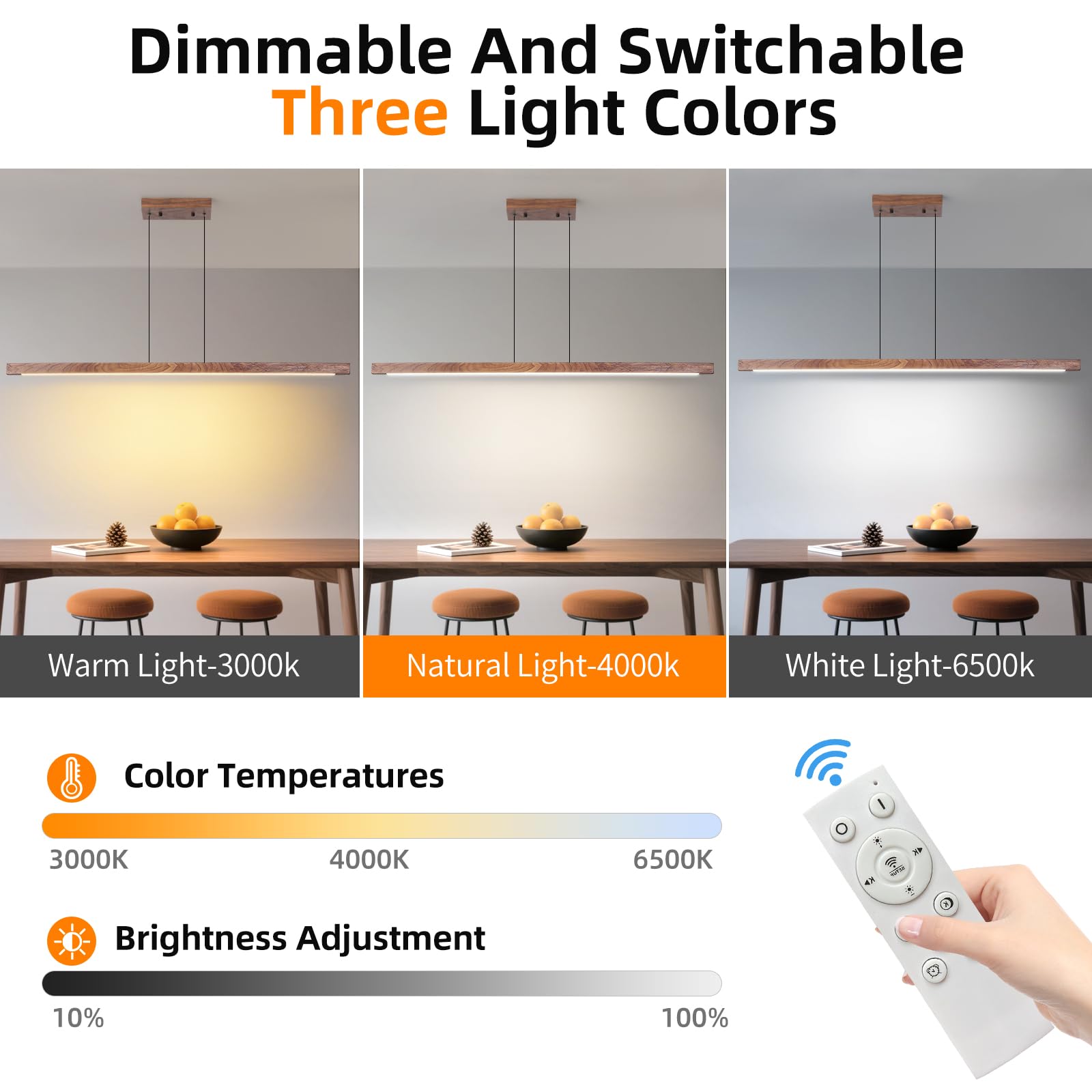 Modern Wooden Pendant Light  47In Walnut Wooden Chandelier With Remote Control 3000K-6500K Adjustable Color Temperature Aluminum Island Lighting Lamp For Dining Room  Living Room B