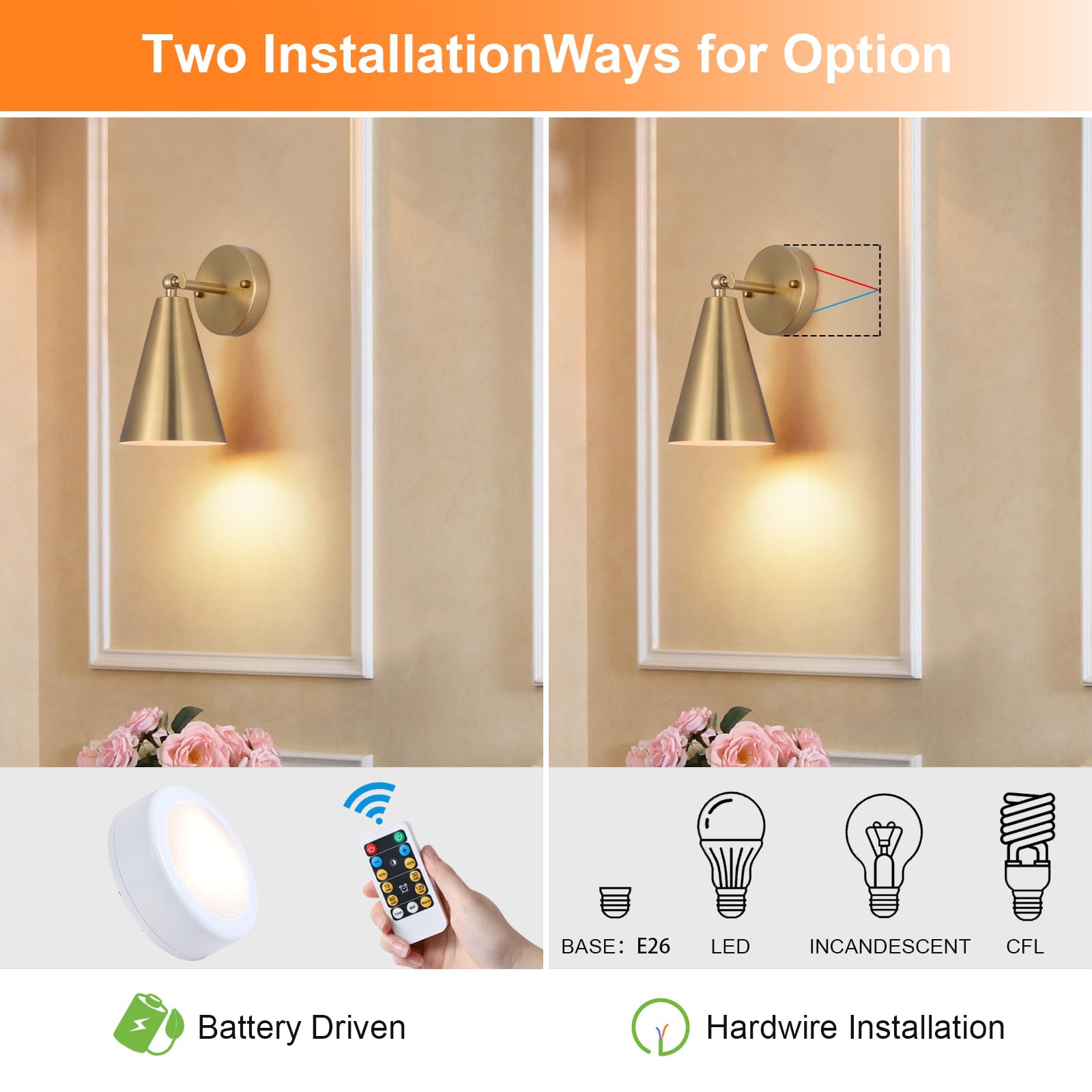 MWZ Gold Wall Sconces Set of Two, Wireless Dimmable Lighting with Remote, Adjustable Angle, Model W-XL115