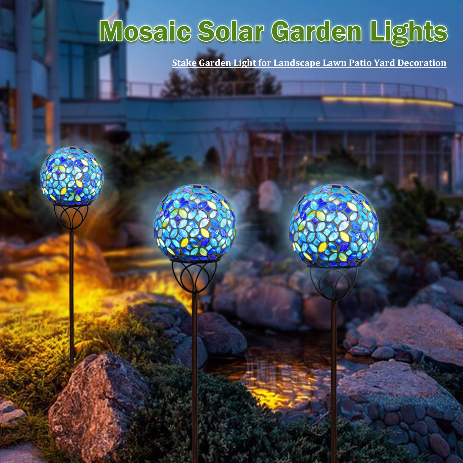 Vcuteka Mosaic Solar Garden Lights, Waterproof Glass Ball Led Pathway Stake Light, 6&quot; Blue