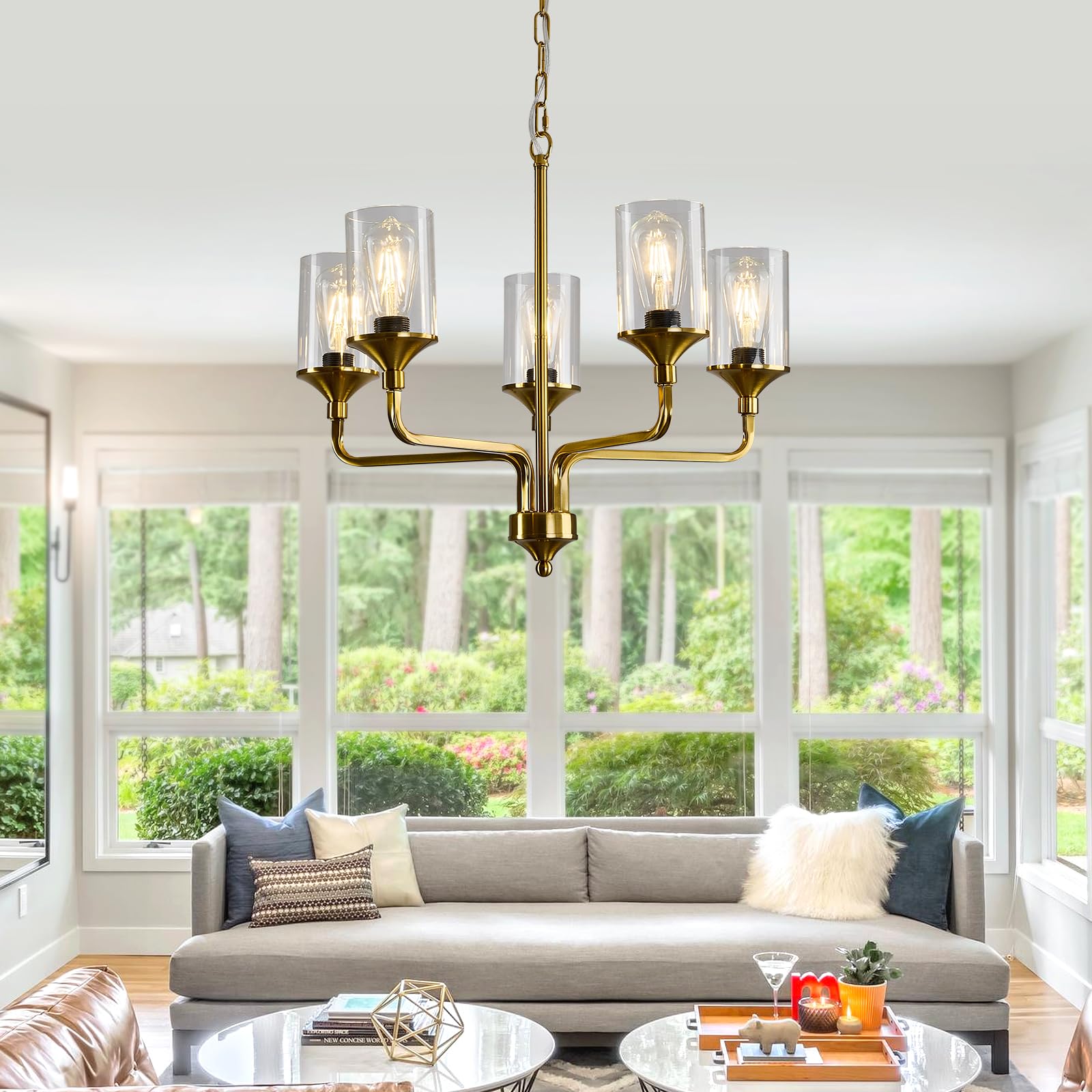 Szxykeji Gold 5-Lights Glass Chandelier Rustic Metal Pendant Lighting Ceiling Light Fixtures Hanging For Farmhouse Kitchen Livin