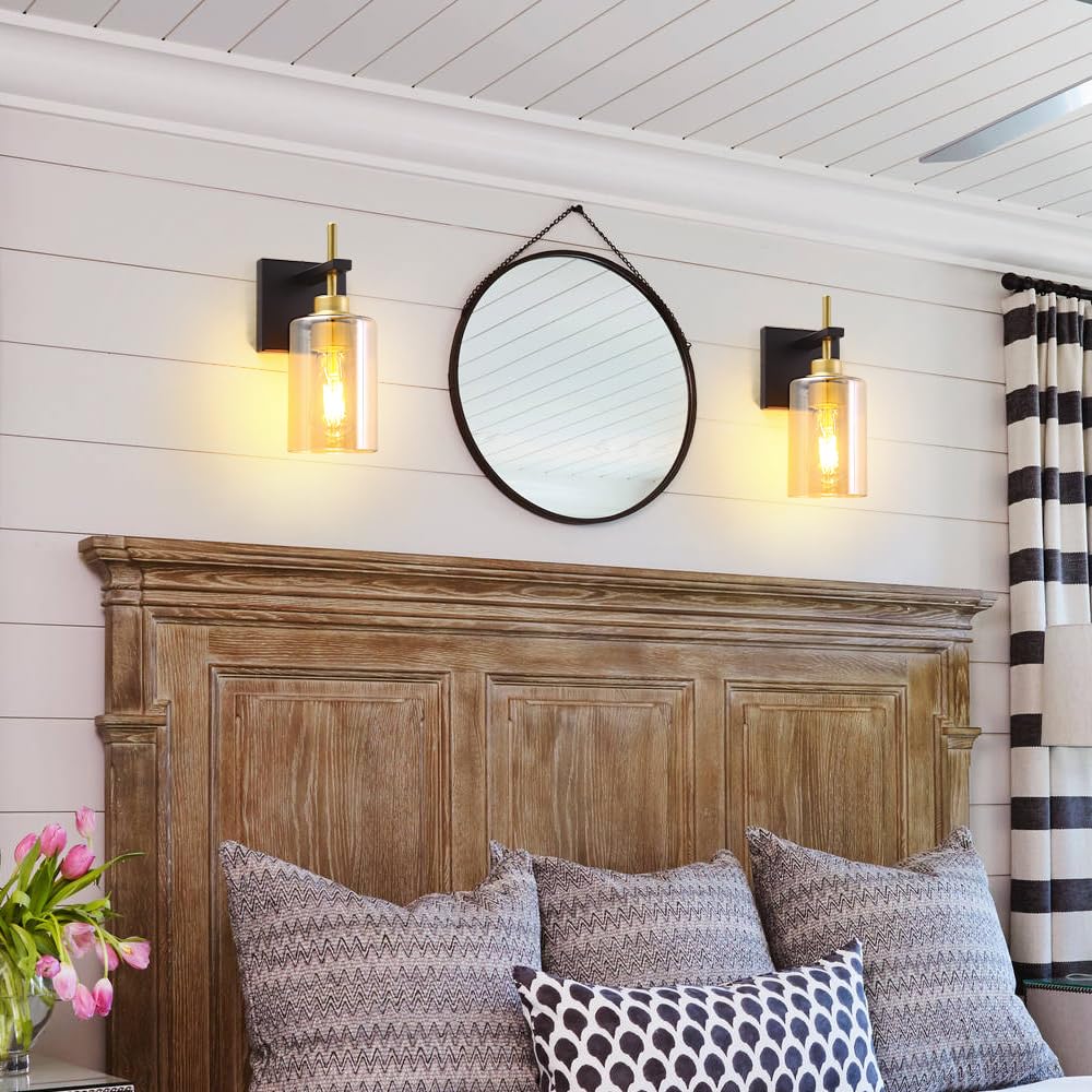 DSMJFU Modern Bathroom Light Fixtures, Black and Gold Wall Sconces, Hardwire Amber Glass, Model DX23001V1B&G-AM-2, Set of Two