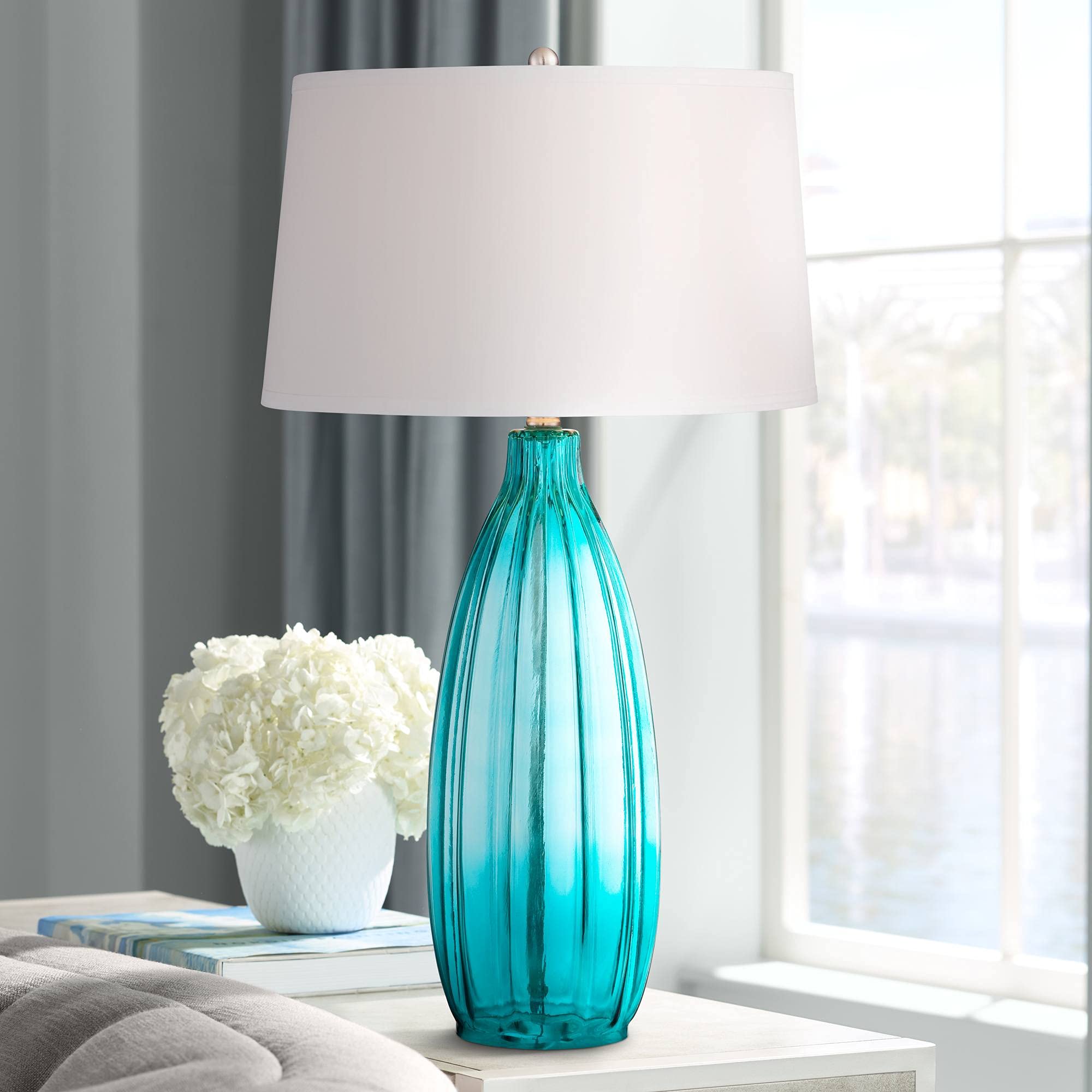 360 Lighting Modern Coastal Table Lamp - 30in Tall, Blue Glass Body, White Shade, Model 5H399