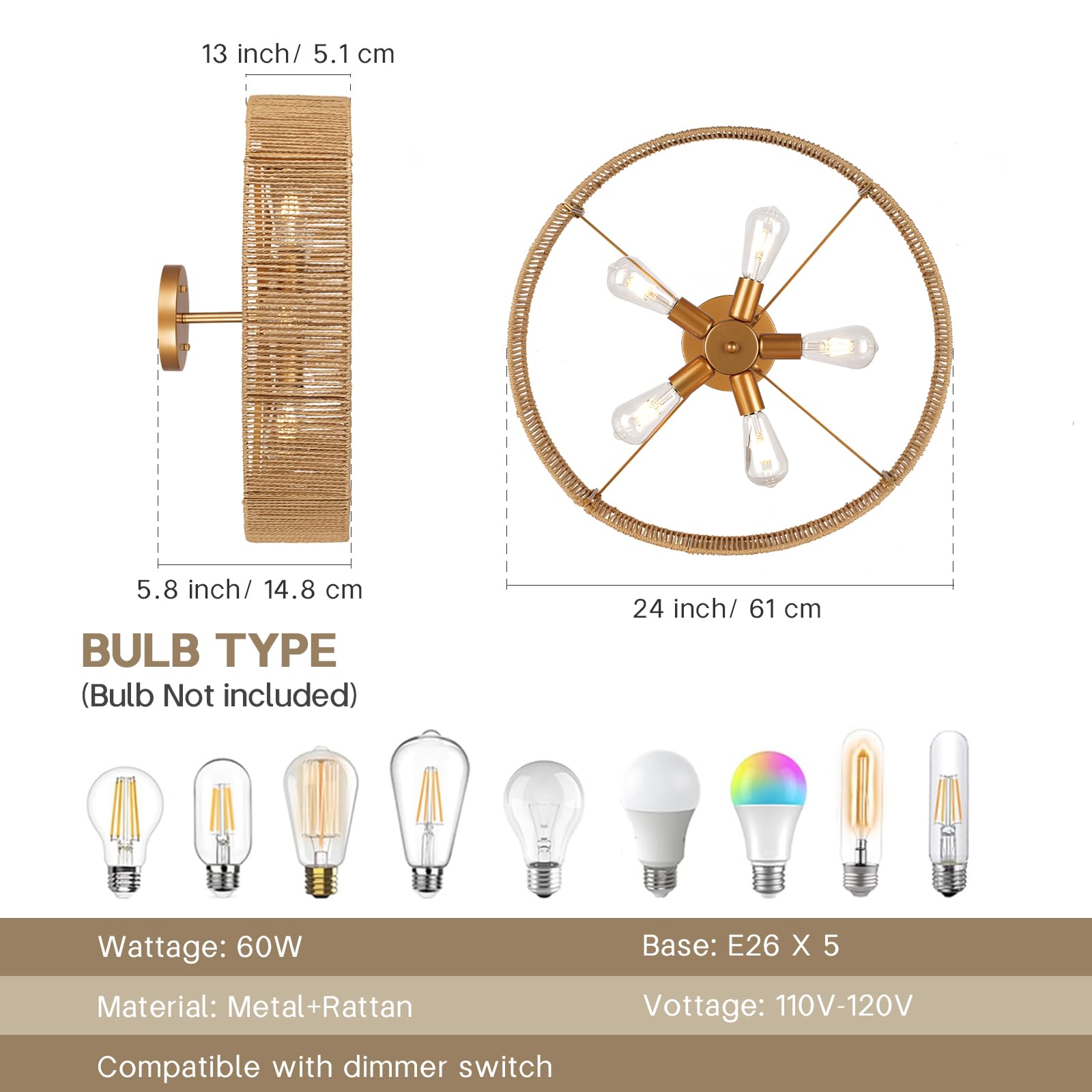 CLARSYNE 24in Rattan Flush Mount Ceiling Light Fixture, 5-Light Gold Boho Chandelier, Model CL-LG-009, Pattern A