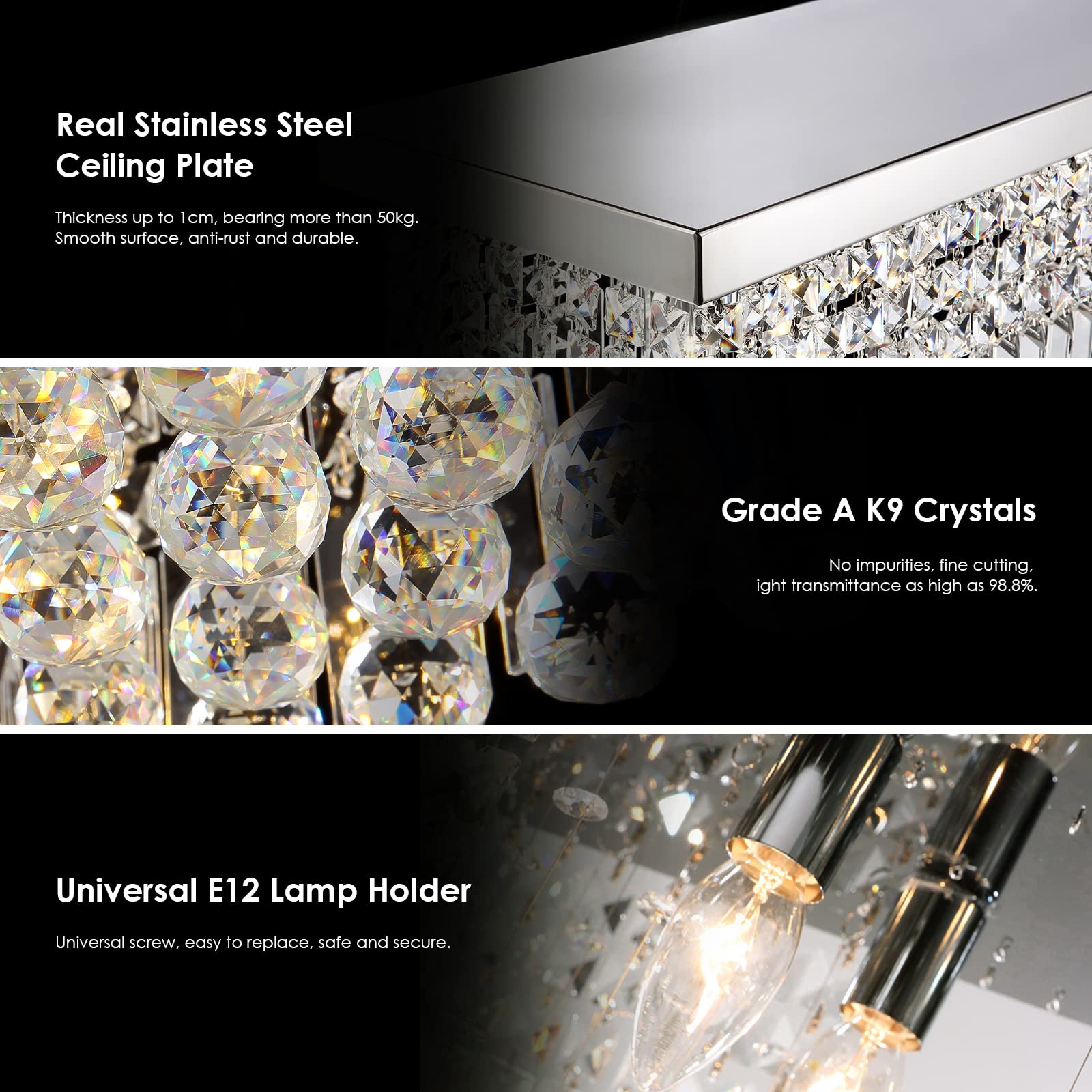 Siljoy Modern Crystal Chandelier, 6-Light Rectangular Pendant, Chrome, L31.5" x W10" x H10", Model HLC037, Ideal for Dining, Living Room,