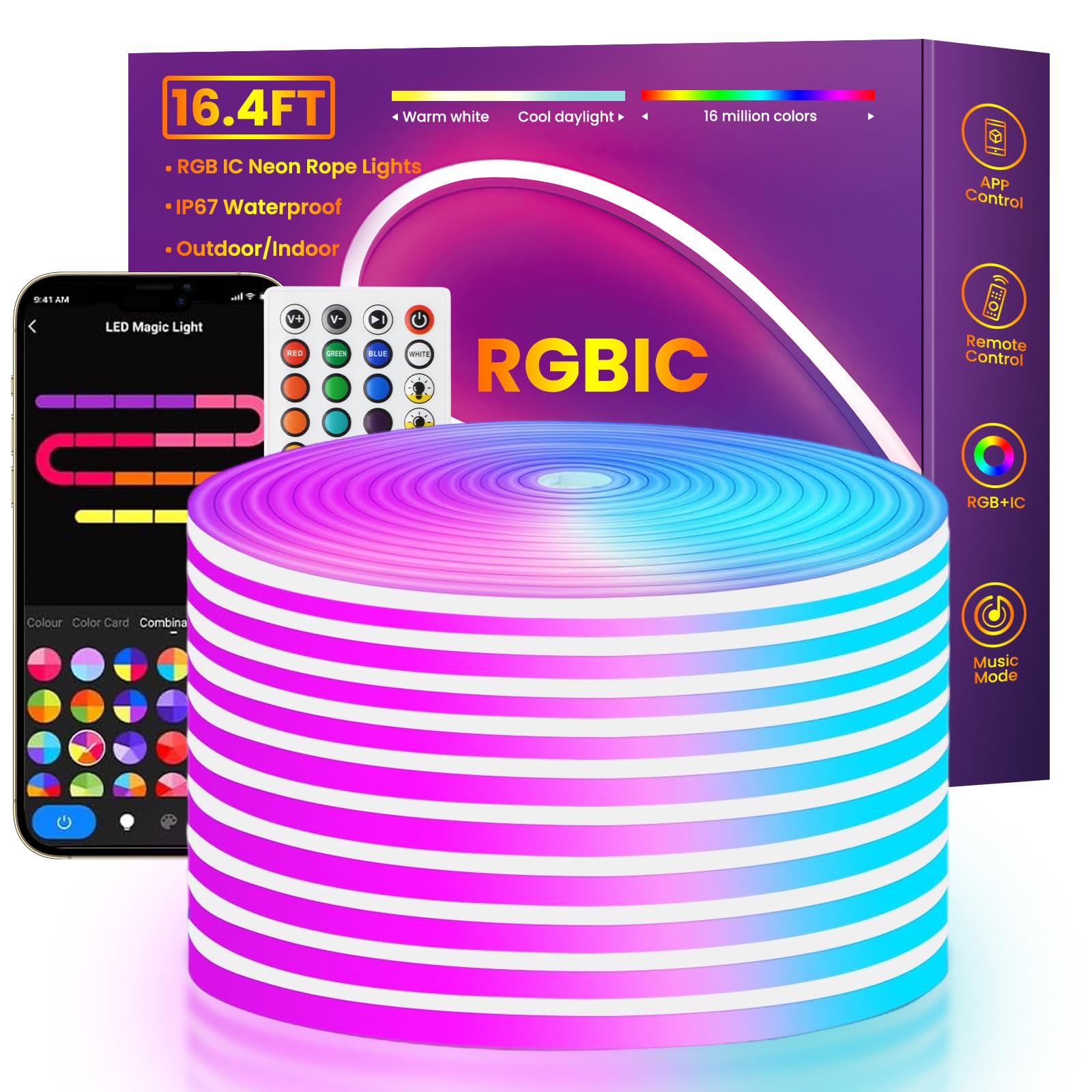 Led Neon Rope Lights 16.4Ft Music Sync Rgb+Ic Flexible Rope Color Changing Control With App/Remote Multiple Modes Ip67 Waterproof Neon Strip Lights For Bedroom Outdoors Indoor