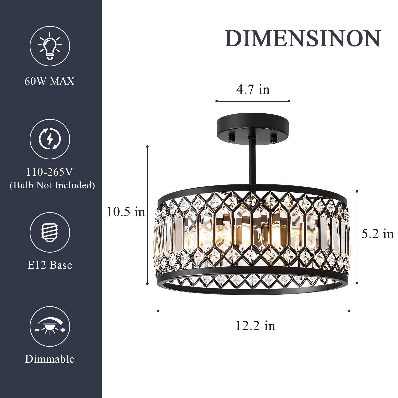 Pevfah Black Crystal Semi Flush Mount Ceiling Light, 3-Light, 12.2 Inch Chandelier for Kitchen, Entryway, Bedroom, Dining Room