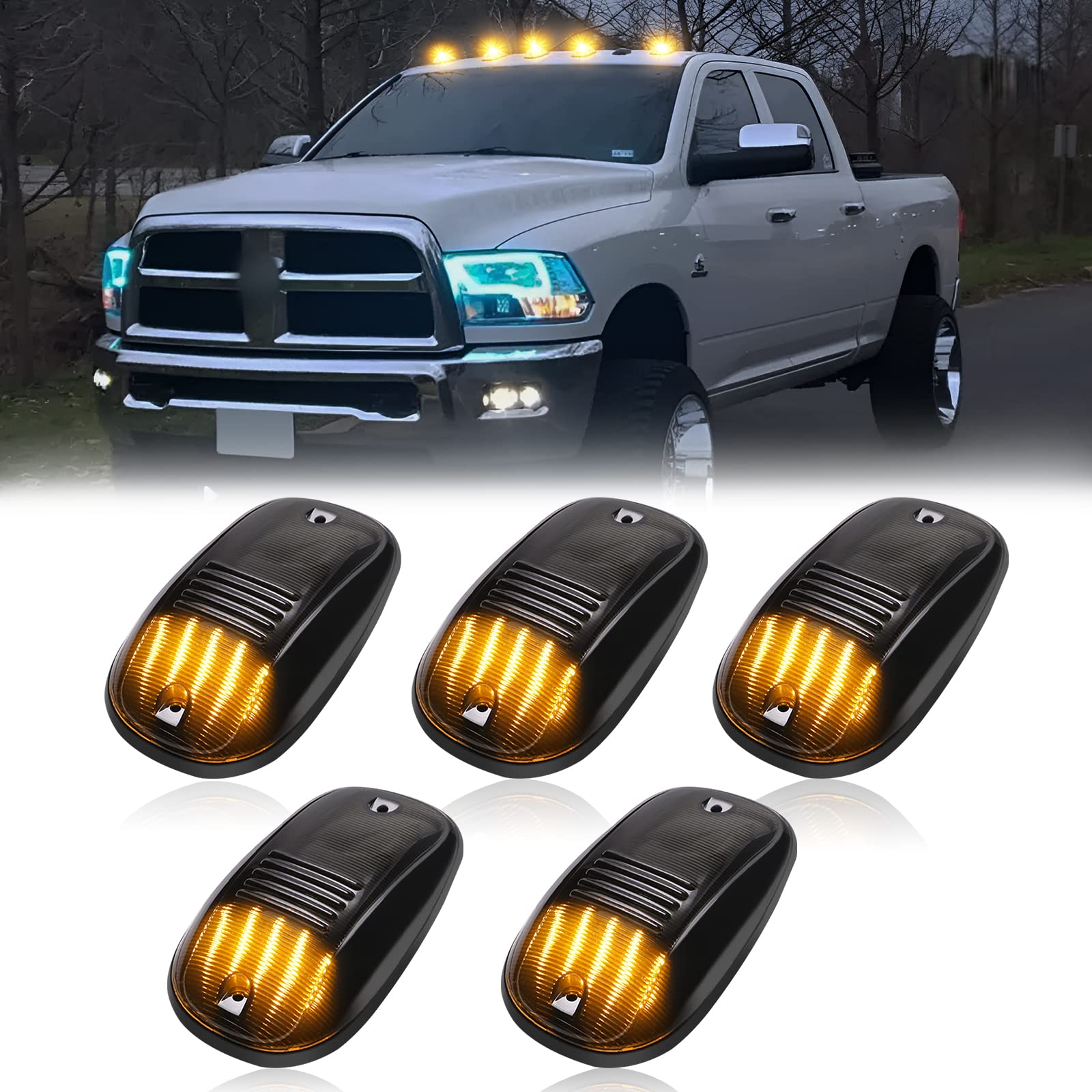 R&F Auto 5Pcs Smoked LED Cab Roof Marker Lights for Ram 1500 2500 3500 (2003-2018) - Smoked Lens Yellow Light