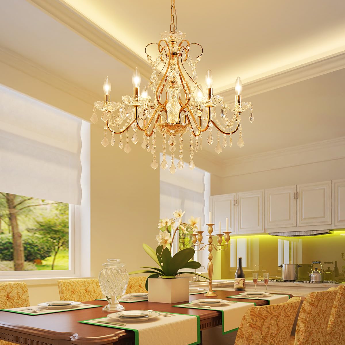 SM Saint Mossi 6-Light Crystal Chandelier, French Gold, H23 x D24, Modern Raindrop Lighting for Dining Room, Bedroom, Living Room