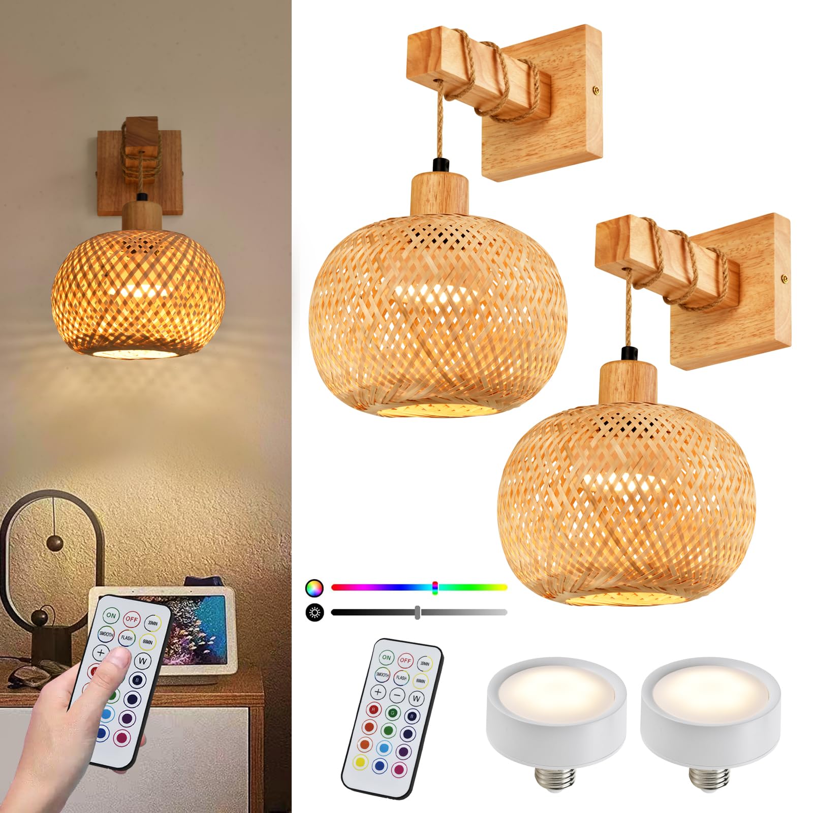 NOVCAND Battery Operated Wall Sconce Set of Two, Bamboo, RGB 15 Colors Dimmable, Black, Model TW20240809-INTELLIGENT