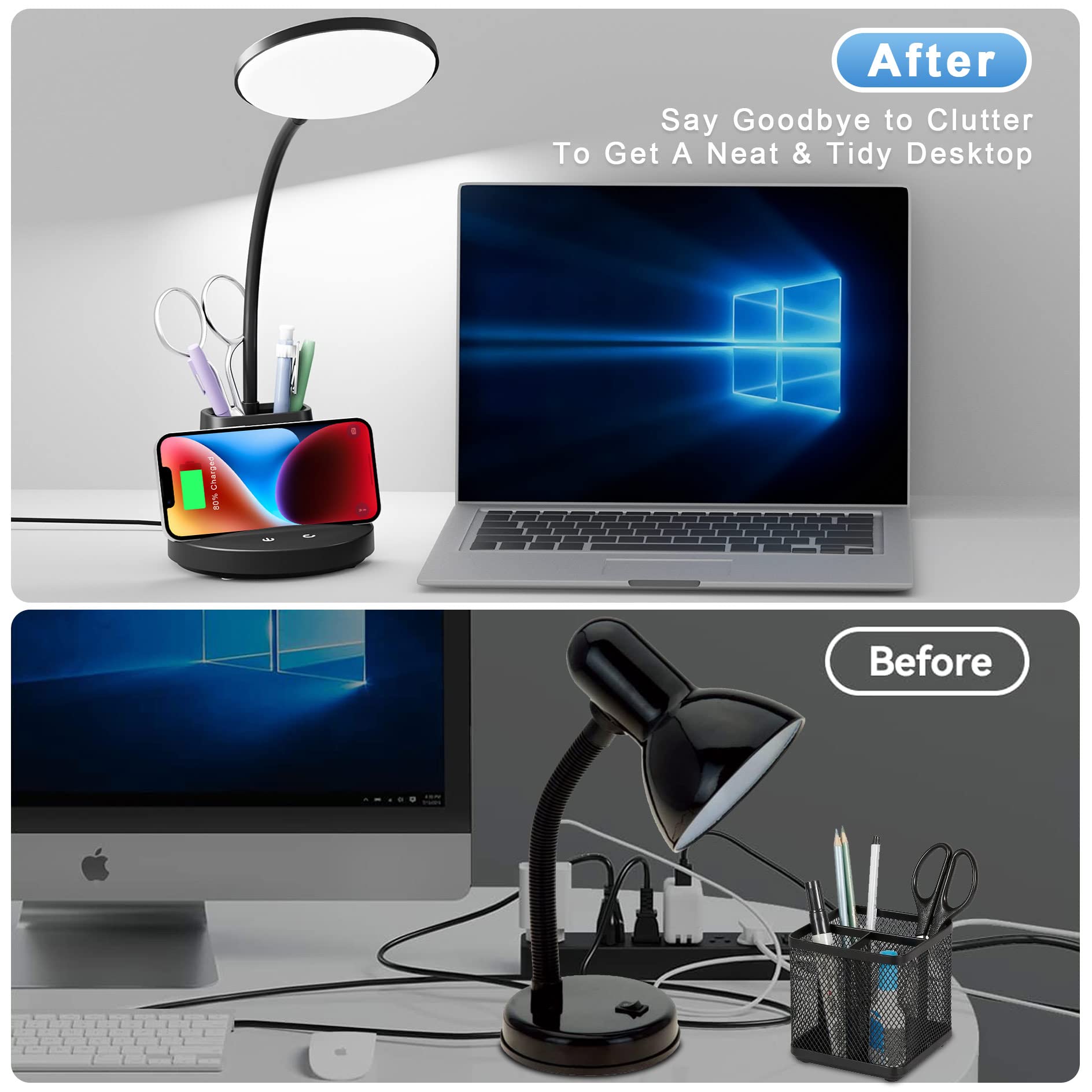 Sailstar Desk Lamp with Wireless Charger, Gooseneck, 800 Lumens, Dimmable Touch, Black, Model SA-DL-B-R