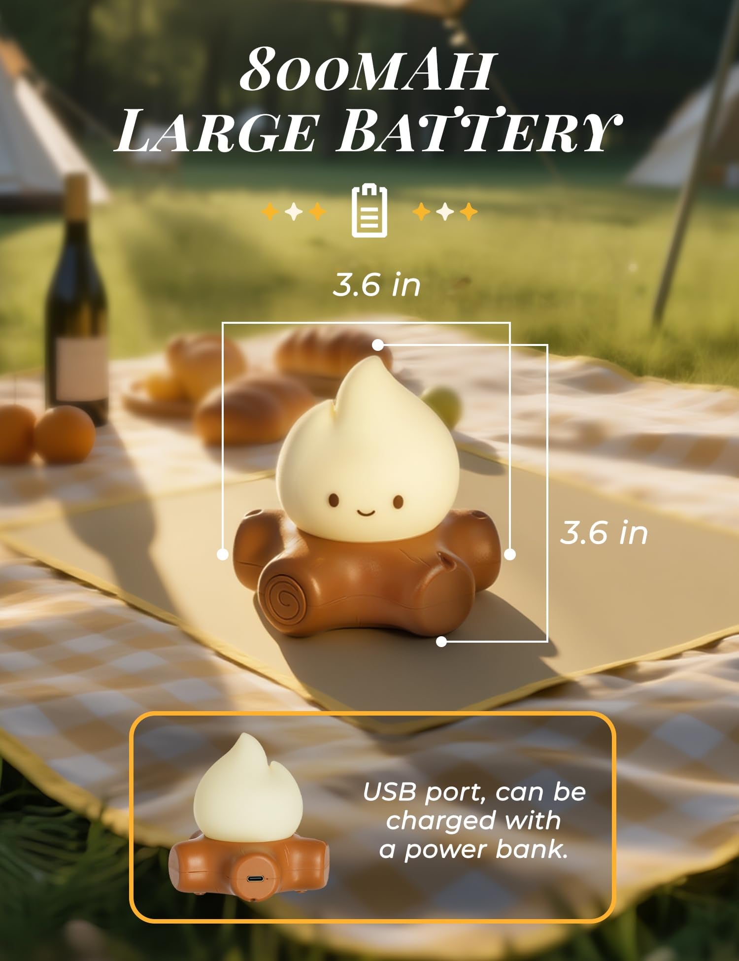 BANDIANCY Cute Campfire Night Light,Portable Rechargeable Lamp, Baby Night Light Nursery Decor, Stepless Dimmable LED Warm Yello
