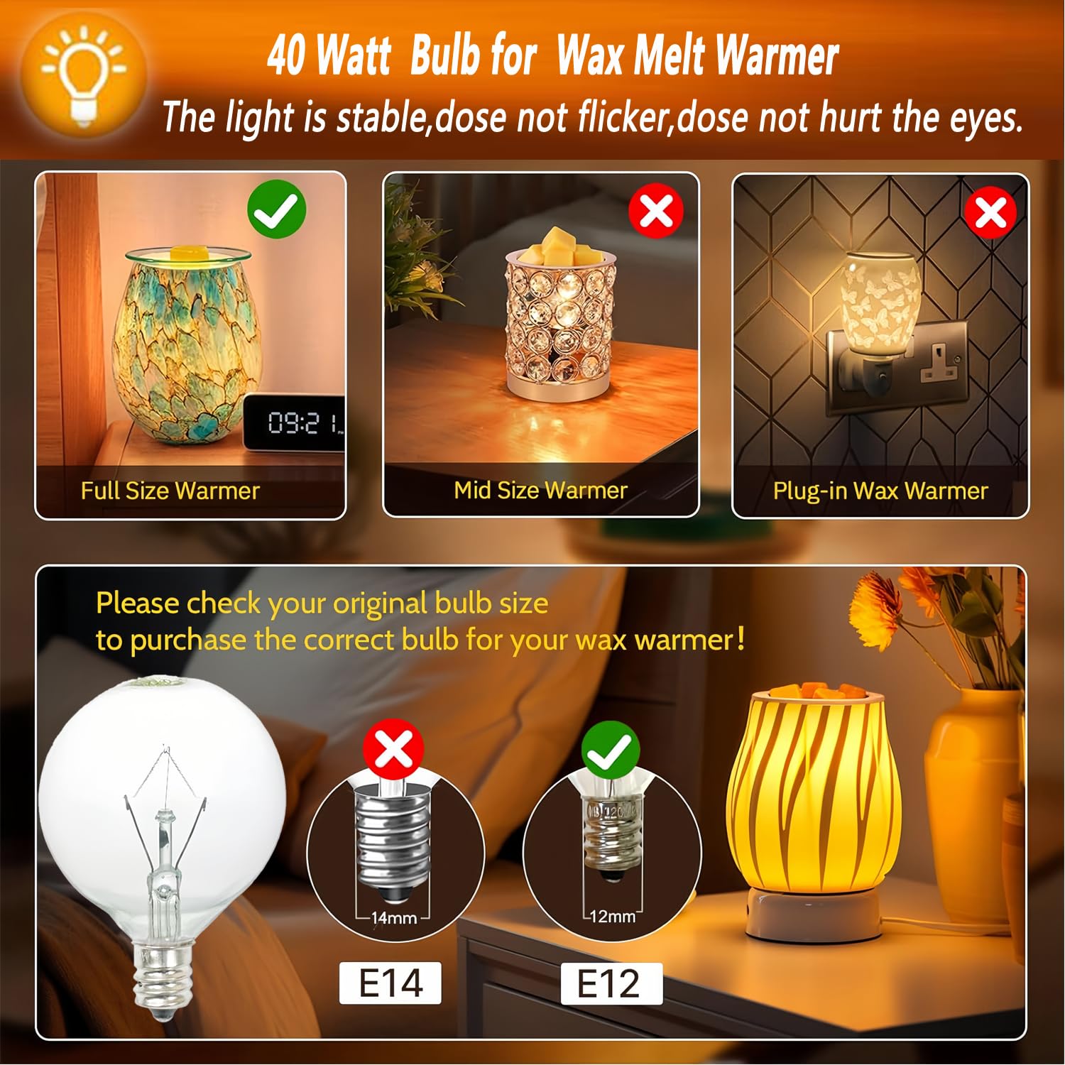 40W Light Bulbs,Wax Warmer Bulbs,E12 Candelabra Base 120 Volt Round Light Bulbs For Full Size Scentsy Warmer ,Wax Melt Warmer,Chandelier Table Lamp Wall Sconces ,Soft Warm White,G50/120V,6 Packs