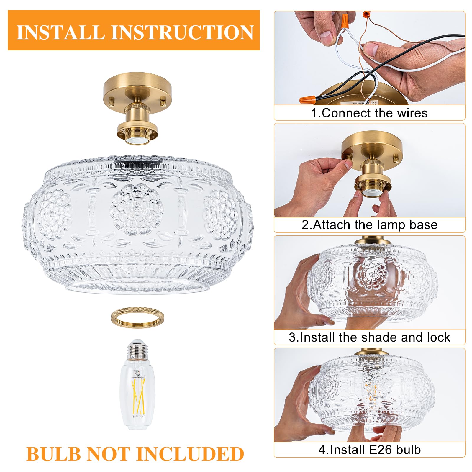 Tbaoinla Semi Flush Mount Ceiling Light Fixture - Brass & Floral Glass Shade  Vintage Modern Lighting For Entryway  Bathroom  Kitchen  Bedroom (Bulb Not Included)