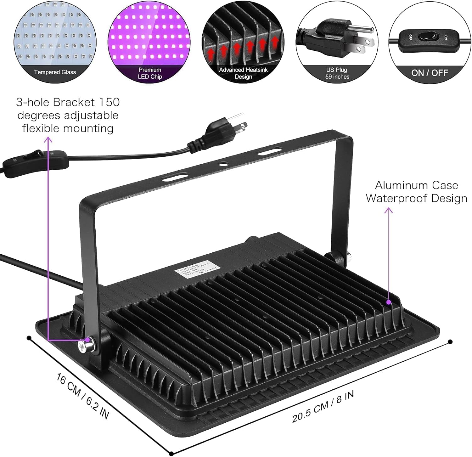 3-Pack 150W Led Blacklights - Outdoor Blacklight Flood Lights With Plug And Switch, Ip66 Waterproof, Perfect For Dance Parties,