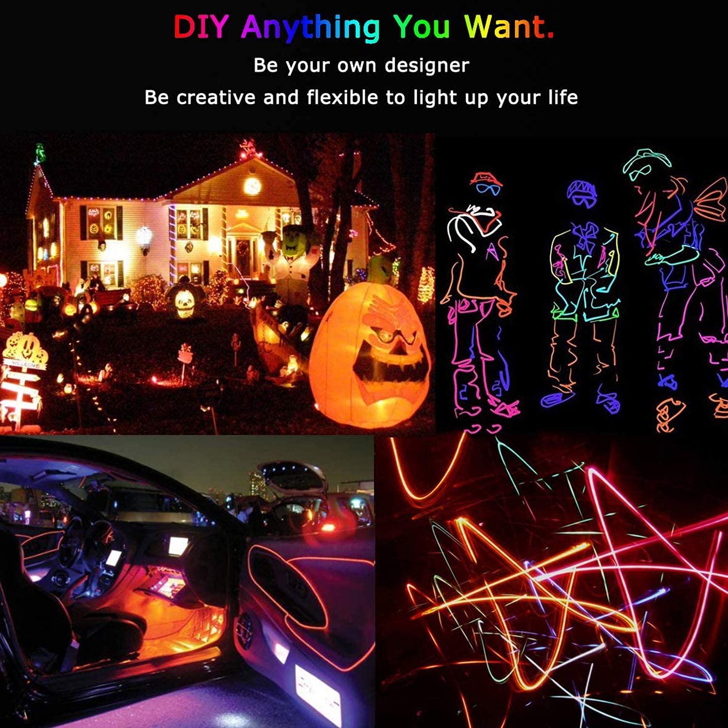 JIGUOOR USB Rechargeable EL Wire Neon Light Strip 32.8ft/10M, Orange, Plastic, 360° Illumination for DIY and Party Decoration