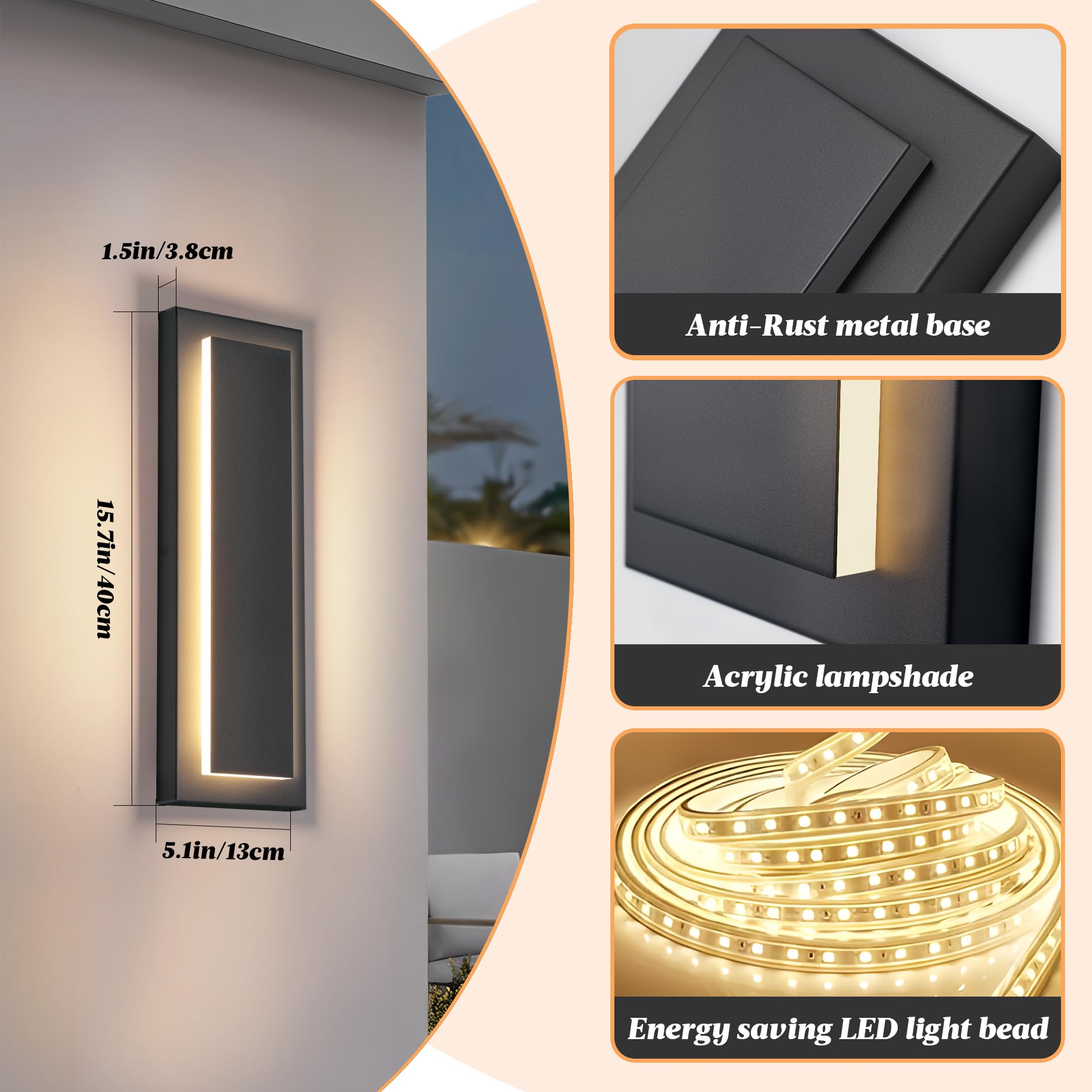 ZSMAIKU LED Outdoor Wall Light - 4 Packs, 12W Waterproof Sconces, 16" Black Metal, 3000K Warm White, Modern Design, Model MK-108