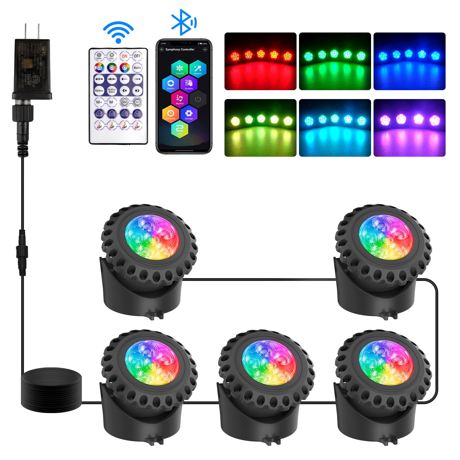 T-SUN Underwater Fountain Lights, RGB Color Changing, IP68 Waterproof, 5 Lights, Model TS-F2220-BT