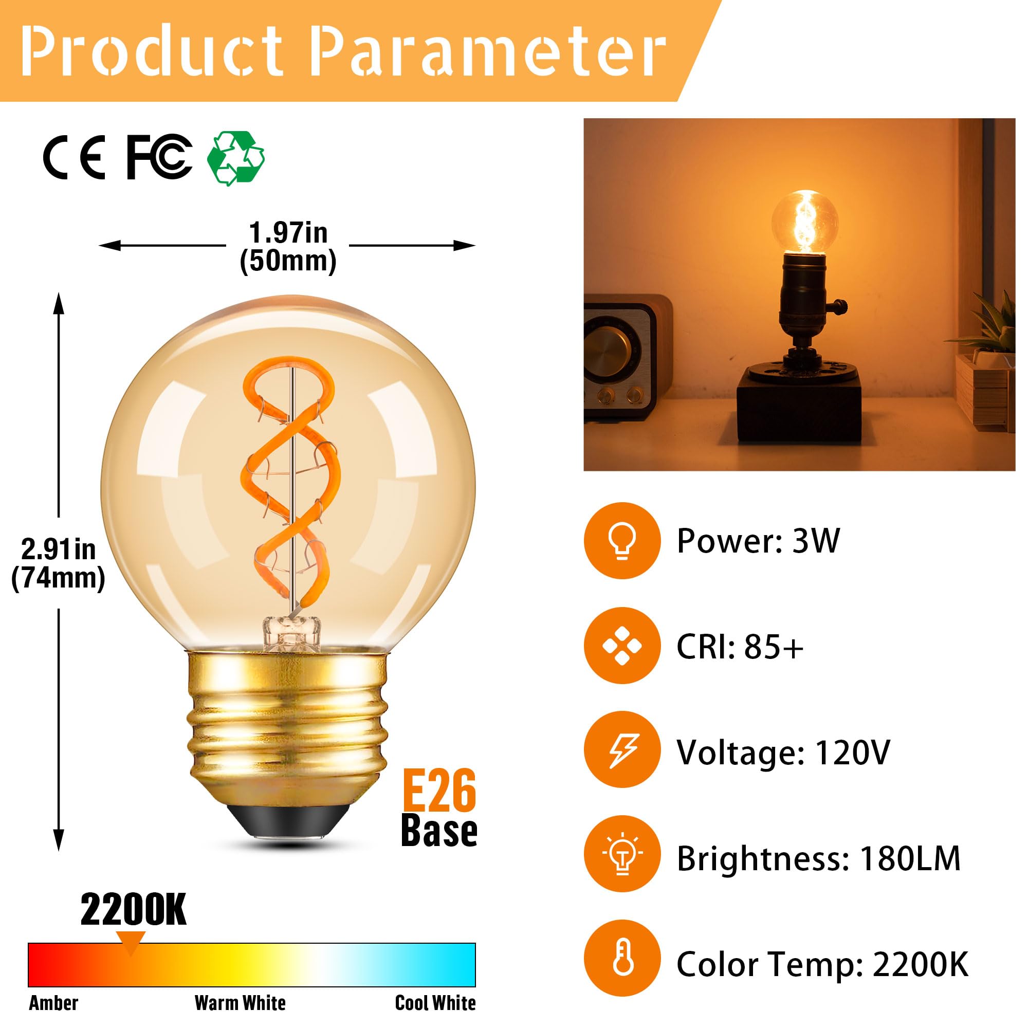 Dimmable E26 Vintage Amber Led G16.5 Light Bulb 25W Equal 3W Short Light Bulbs,G16.5/G50 Small Round Edison Bulbs Spiral Filamen