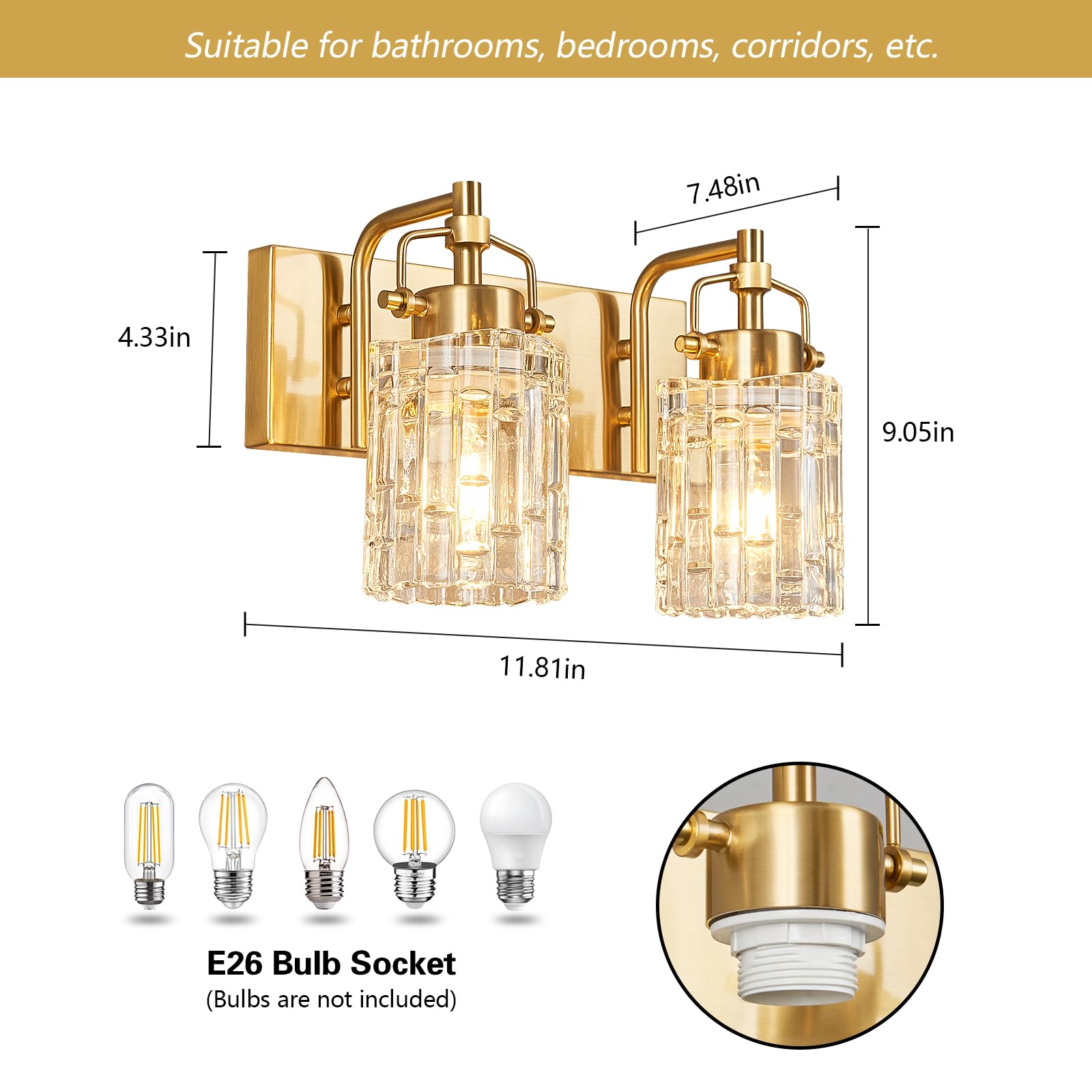 BNHHLZ Modern Vanity Light - 2-Light Gold Bathroom Fixture with Crystal Glass Shade, Model 4132, Metal Construction