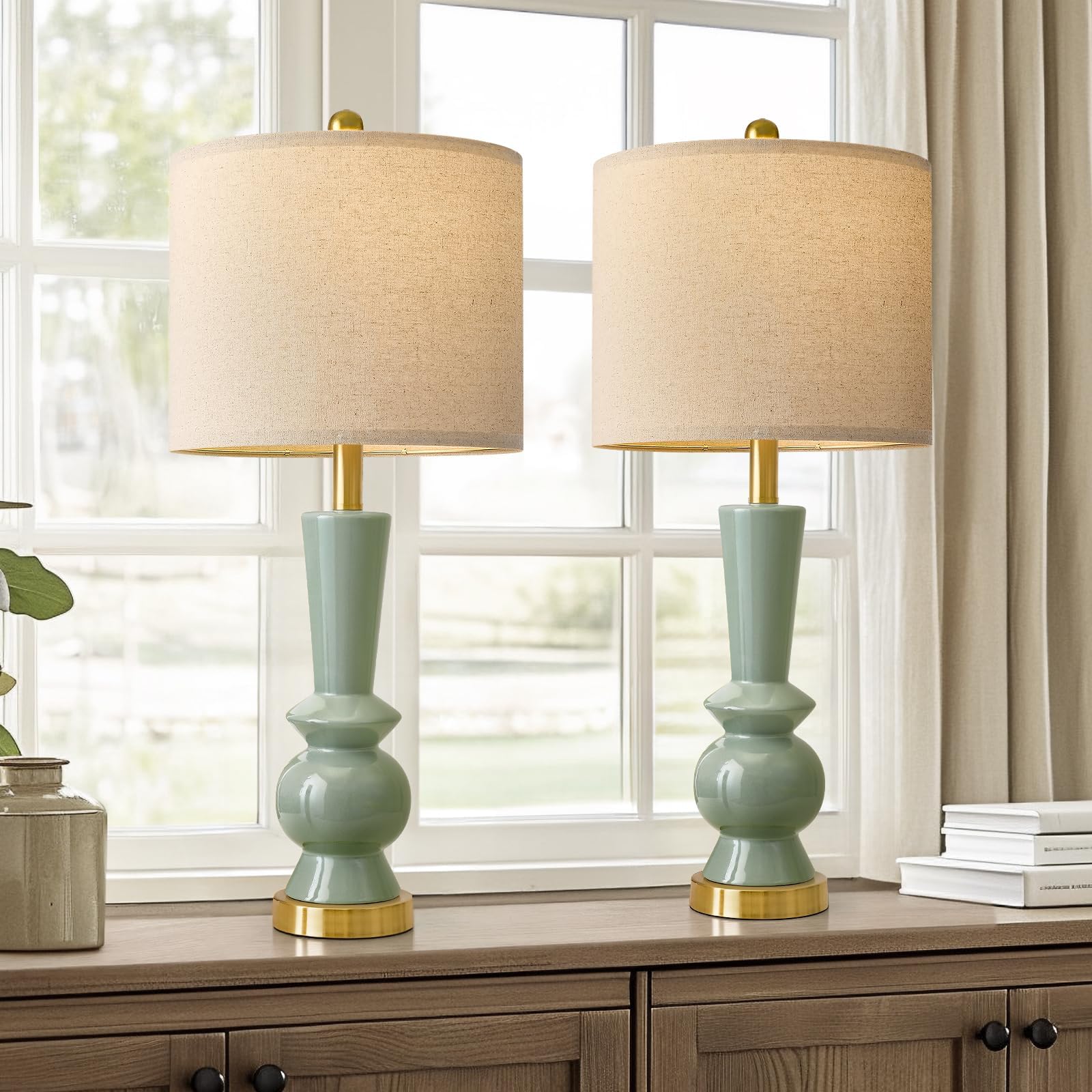 PORTRES 27'' Modern Ceramic Table Lamp Set of 2 for Living Room Green & Gold Bedside Lamps for Bedroom Nightstand Lamp Tall End 
