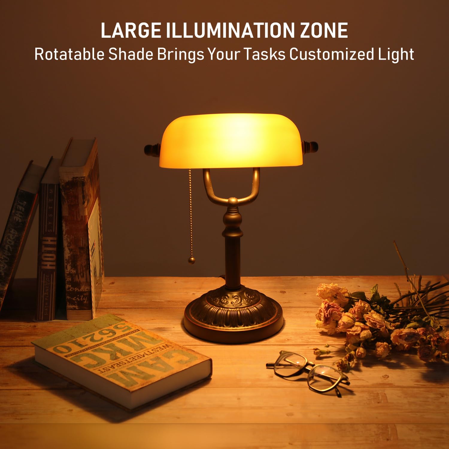 TORCHSTAR Bankers Desk Lamp, Vintage Amber Glass Shade, Bronze Base, E26, Model 35092, Matted Orange for Office & Study